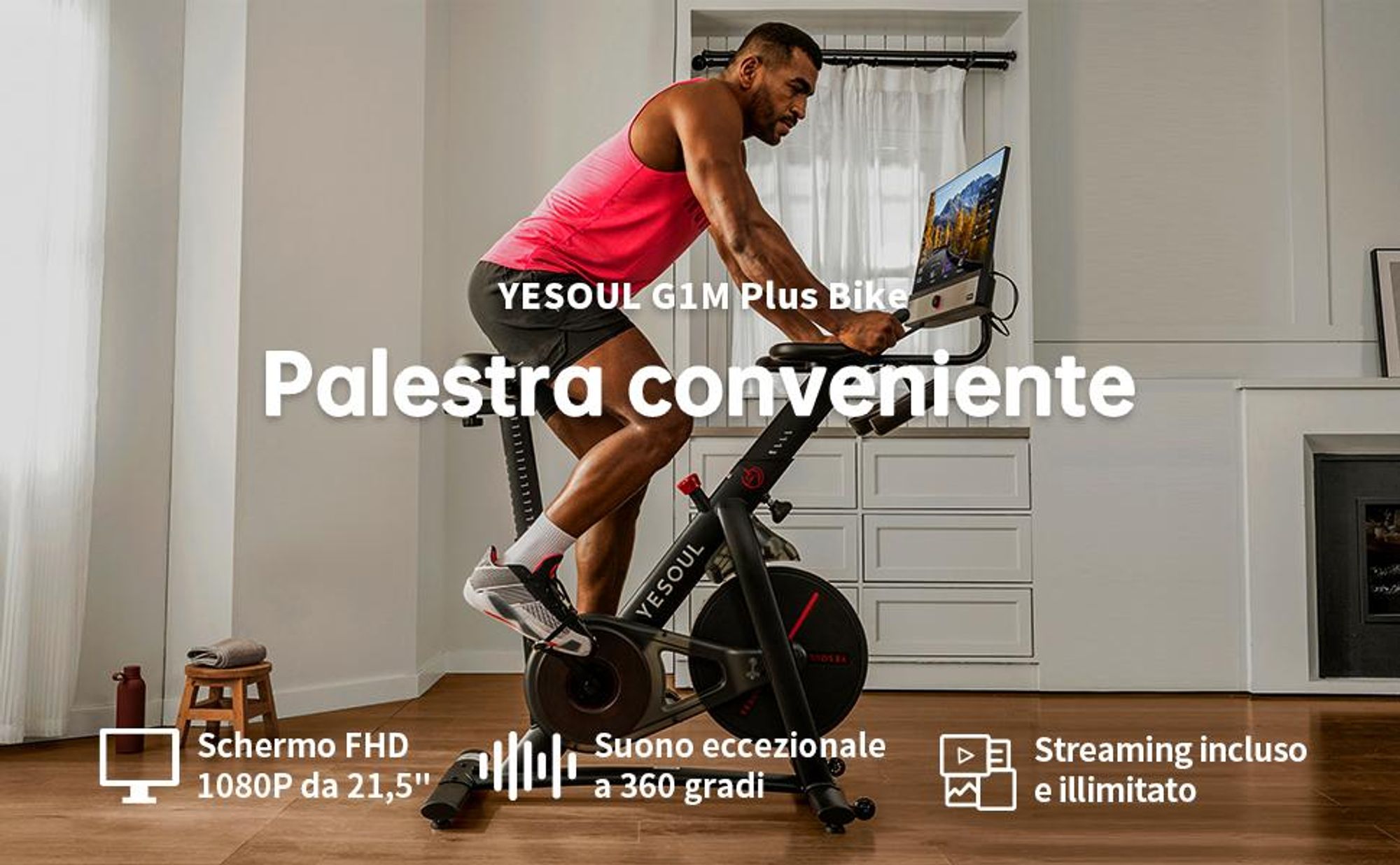 YESOUL G1M Plus – cyclette smart da casa, resistenza magnetica silenziosa, seduta comoda, bici fitness con schermo 21,5" FHD