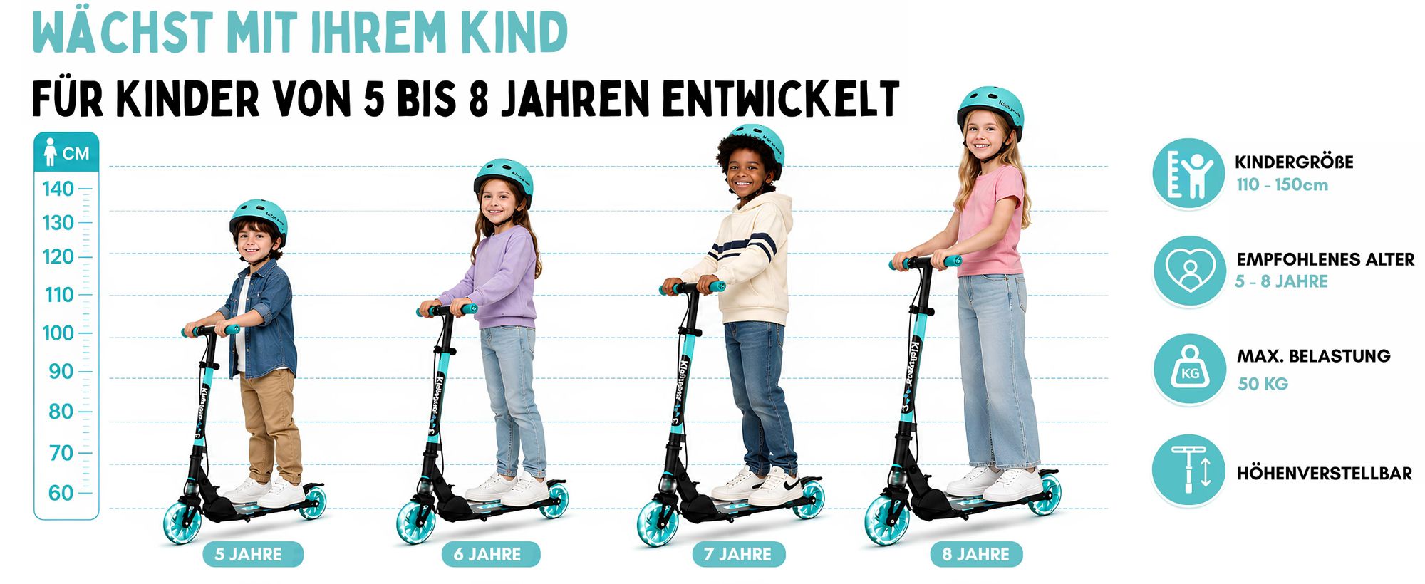 das bild zeigt details zum kinderroller, verschiedene größen und alter
