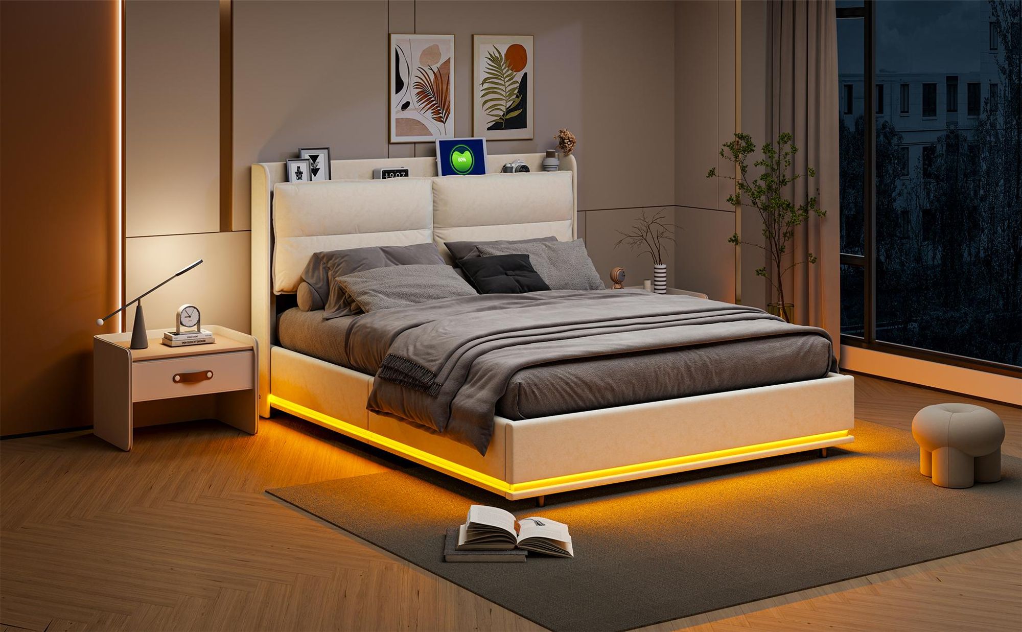 INONEFT Boxspringbett 160x200cm,hydraulisches Polsterbett mit LED und USB/C ,Doppelbett Holzbett Jugendbett, Samt, Beige.