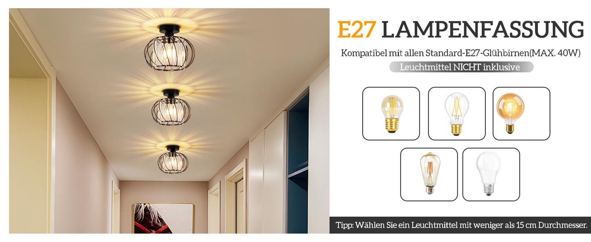 ZMH Deckenleuchte Kristall Deckenlampe Flur Flurlampe Deck Küchenlampe E27 Metall Rahmen Schwarz Innen Deckenbeleuchtung für Küche Wohnzimmer Hotel