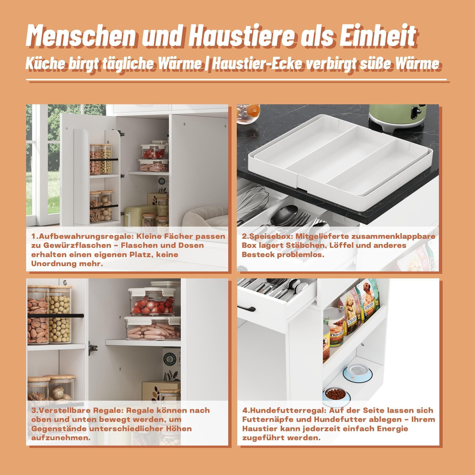 Merax Sideboard Kücheninsel mit Haustierbereich, 3 Schublade, Tür, Gewürzregal, Katzennapfbereich, Küchenwagen, Küchenschrank, 120×60×90 cm, Weiß