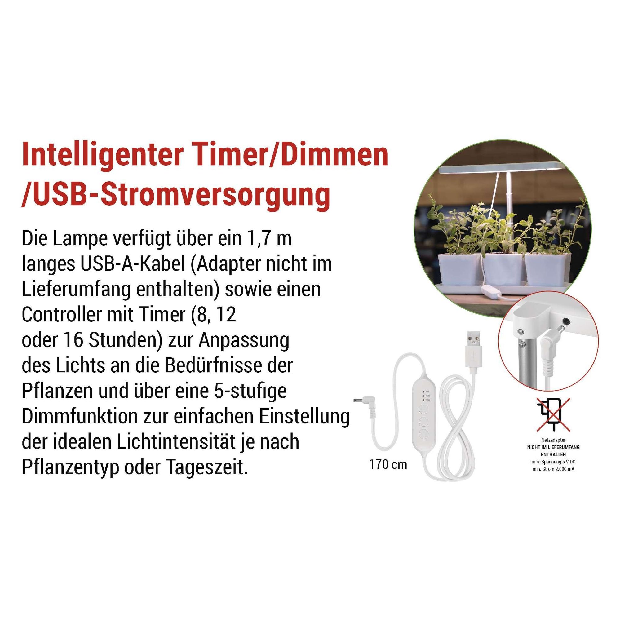 EMOS LED-Grow-Lampe für Kräuter und Zimmerpflanzen, Wachstumslampe mit 3 Blumentöpfen und Timer, höhenverstellbar, 300lm, 1,7 m USB-Kabel, Z7904