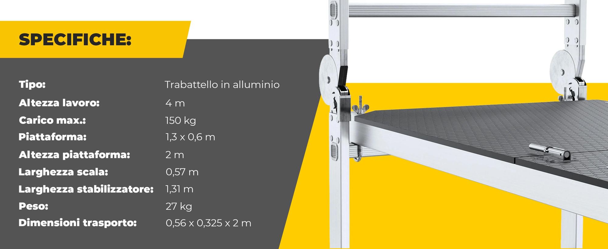 Drabest | ponteggio in alluminio - ponteggio - ponteggio a scala - ponteggio a scala - fino a 150 kg - ponteggio in alluminio - piattaforma di lavoro - piattaforma ponteggio in alluminio