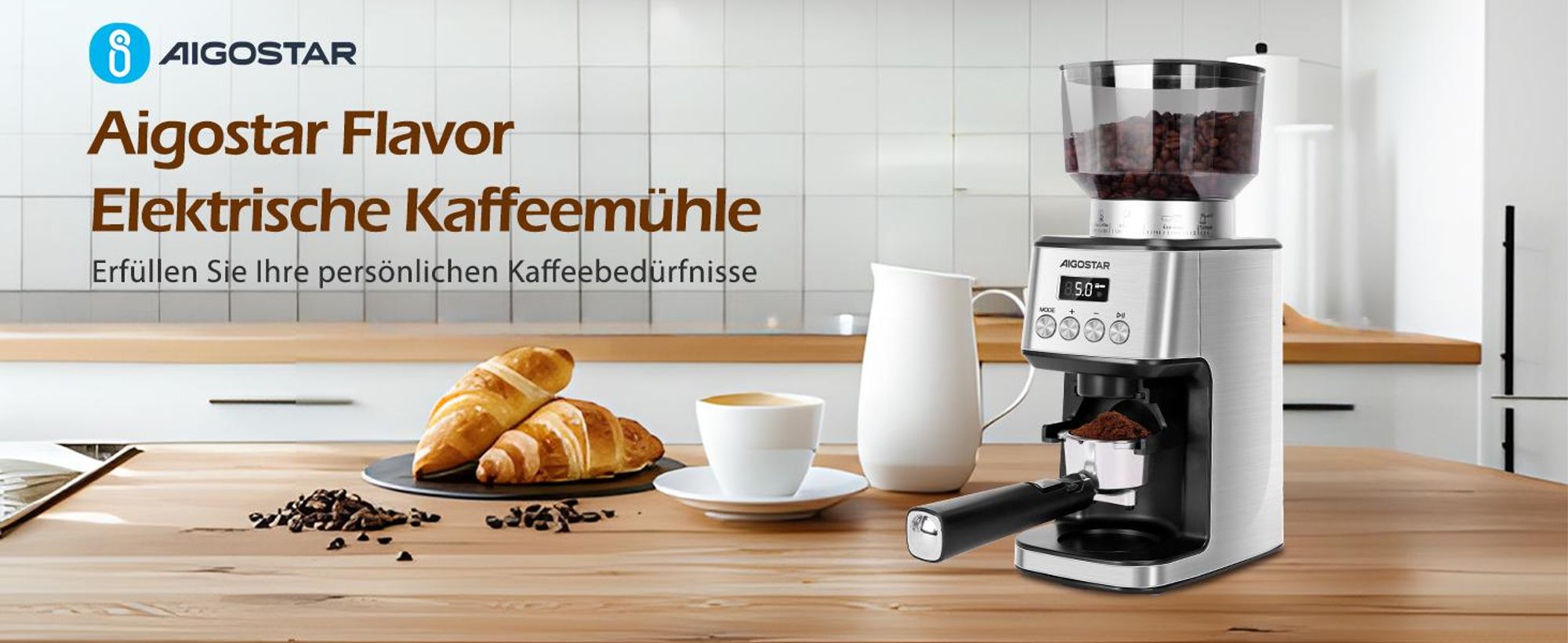 Aigostar Kaffeemühle Kegelmahlwerk Geeignet für Espresso mit 52 Mahleinstellungen, 180W , Kegelmahlwerk 320 g Bohnenbehälter Antistatisch