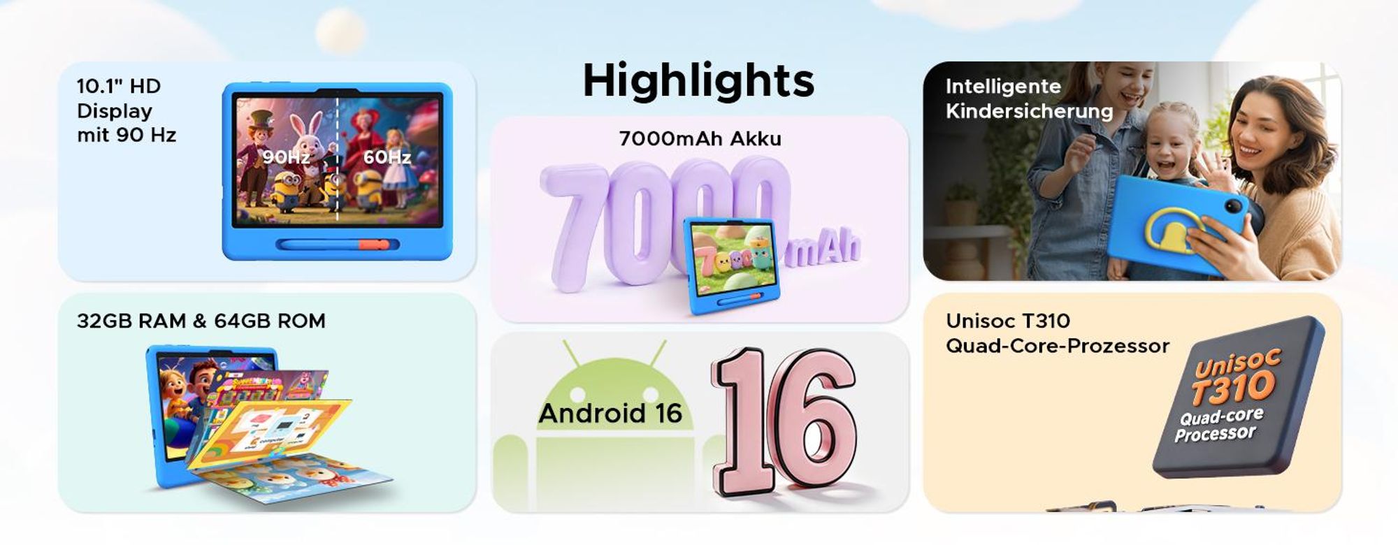 POCKAM P10 Kids 10.1" Tablet, Gemini AI, Android 16, 32(6+26)GB RAM+64GB ROM/TF 2TB, 7000mAh, WiFi Tablet für Kind mit Kindgerechte Hülle und Stift