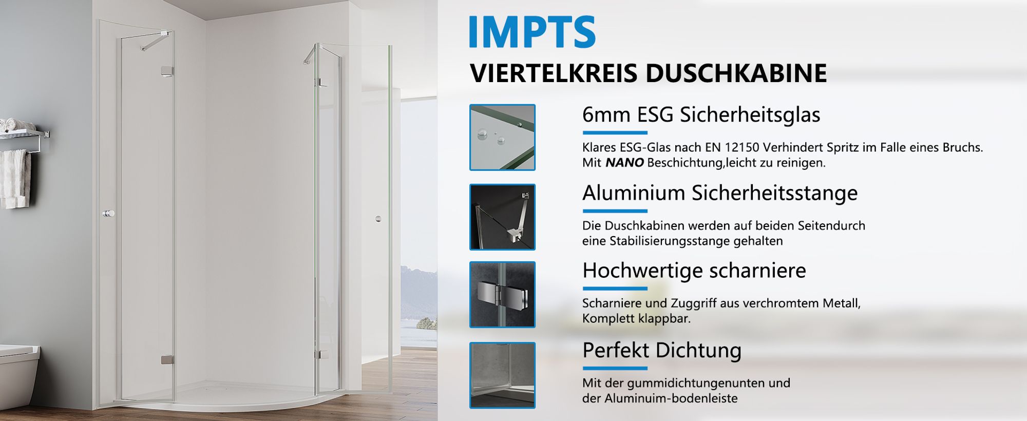 IMPTS Duschkabine 90x90cm Viertelkreis Duschabtrennung Runddusche Duschtür Scharniertür aus 6mm ESG NANO Glas,Höhe 195cm Radius 55cm, Ohne Duschwanne