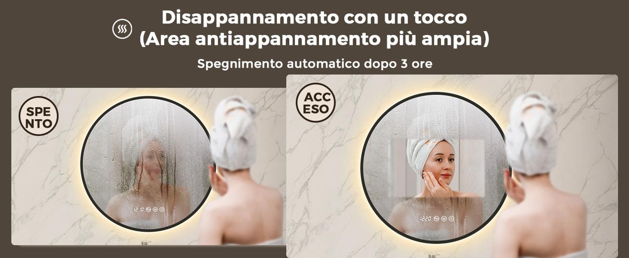 S'AFIELINA Specchio Bagno LED Rotondo 80 cm, Cornice Nera, 3 colori di luce, luminosità regolabile, antiappannamento, orologio e temperatura