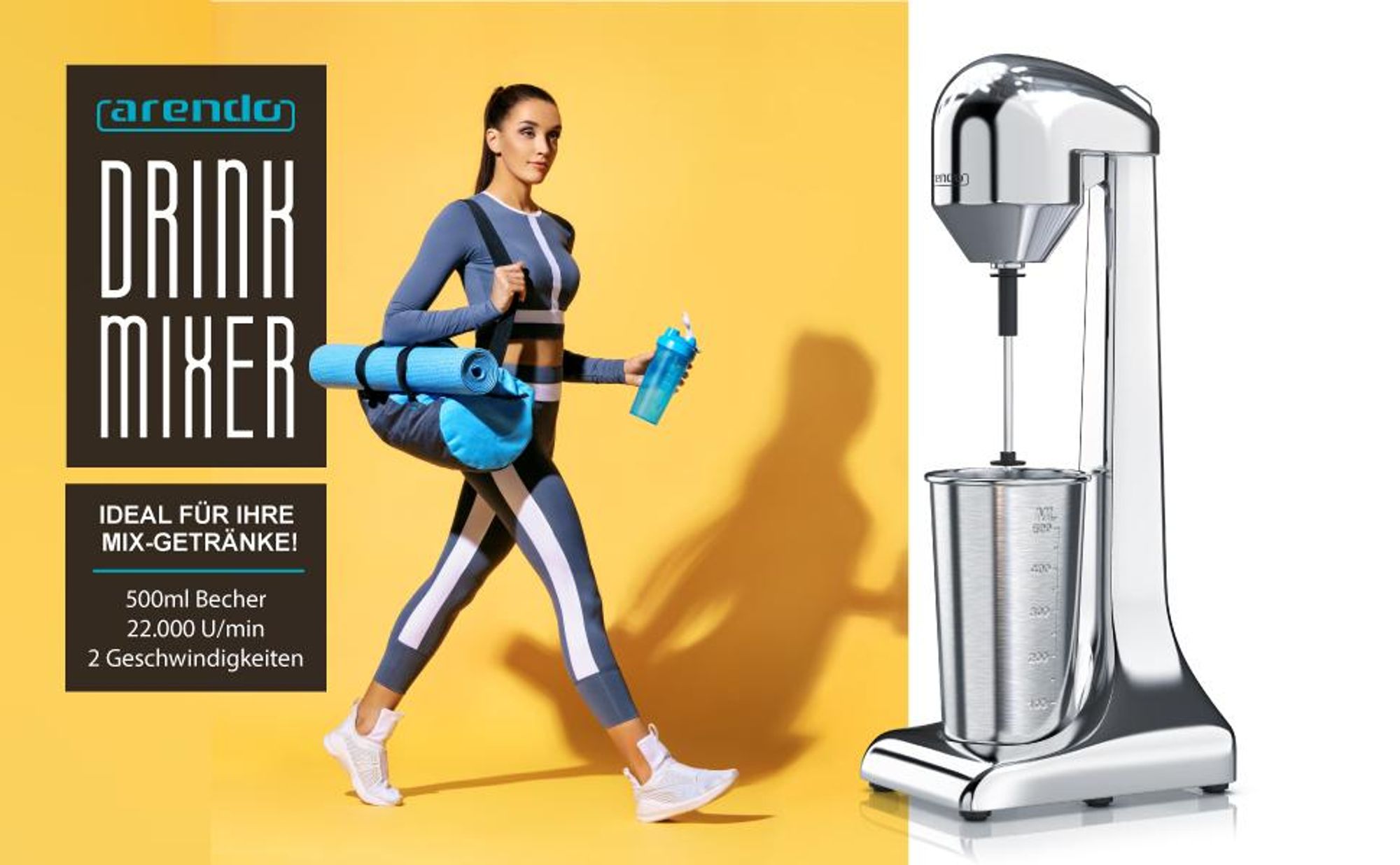 Arendo Getränkemixer elektrisch, 500 ml, 100 W, 2 Geschwindigkeitsstufen, für Protein Drinks Smoothies Eischnee Cocktails, Silber