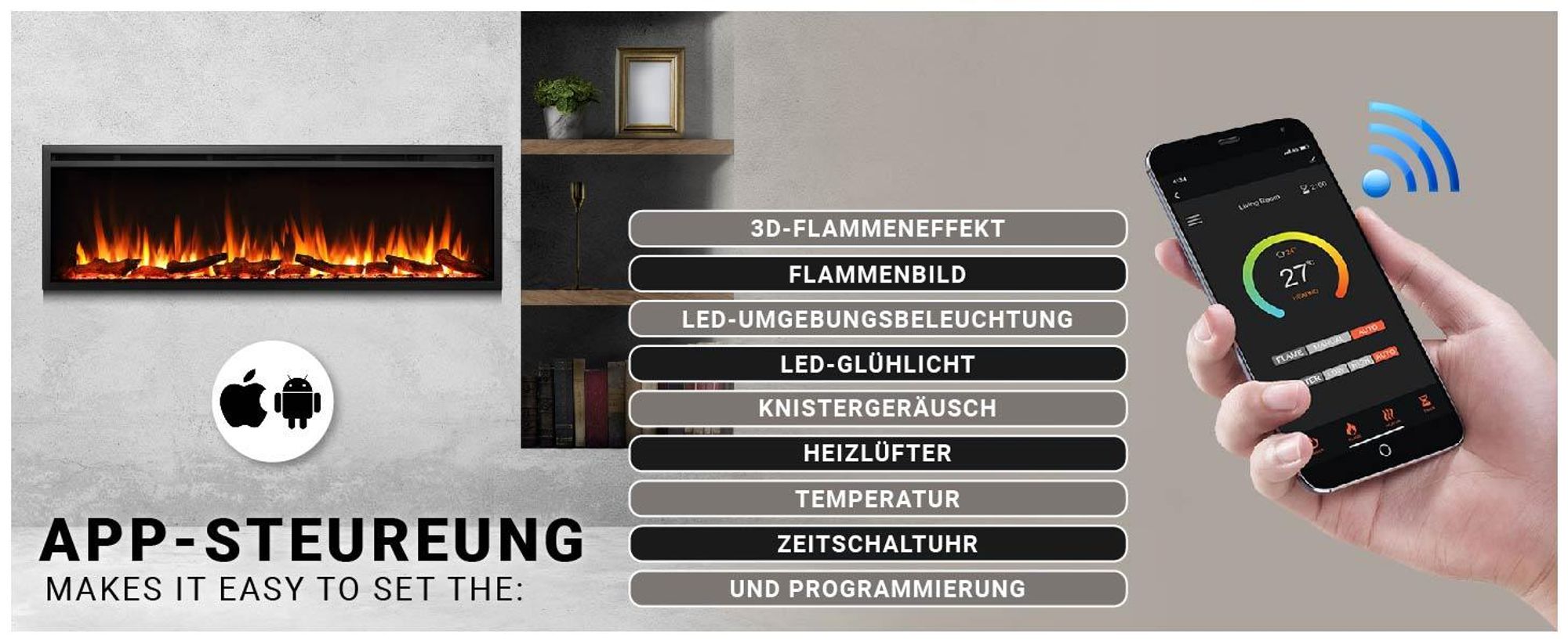 BALDERIA Elektrokamin Atalanta 60" | Einbaukamin, 3D-Flammeneffekt,Ambientebeleuchtung, Heizung 1500W, App, Knistereffekt, Timer, Thermostat | Schwarz