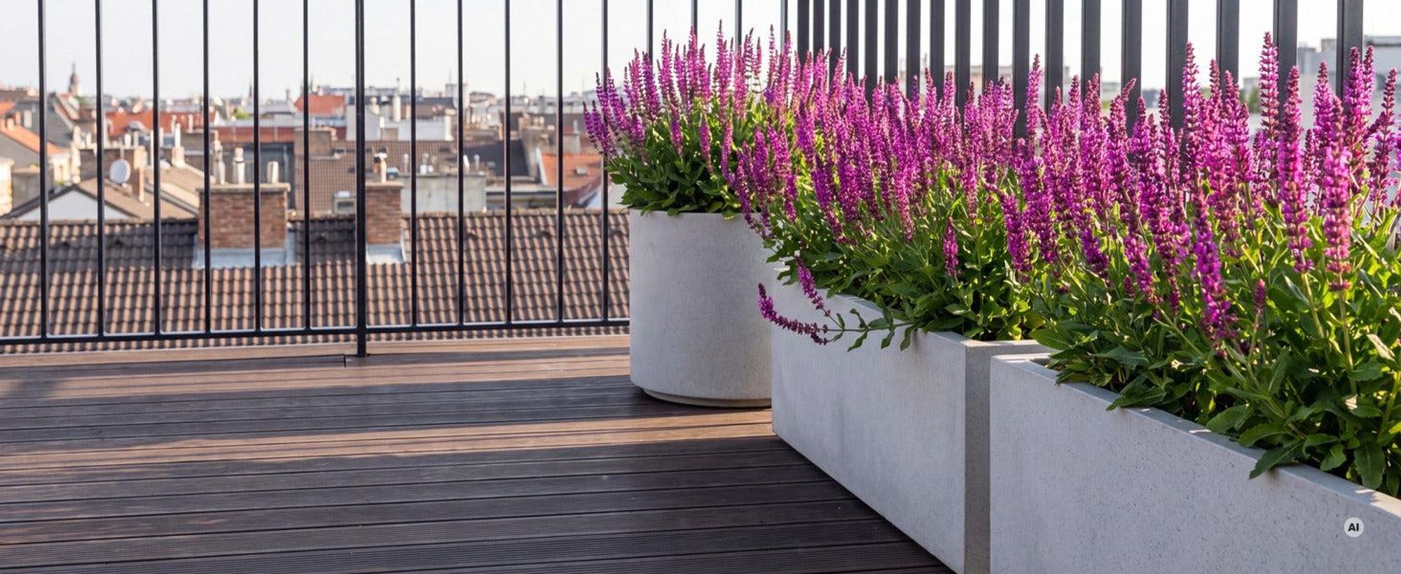 Steppensalbei 'Sensation Pink' in hellen Kunststein-Kästen auf einer Dachterrasse