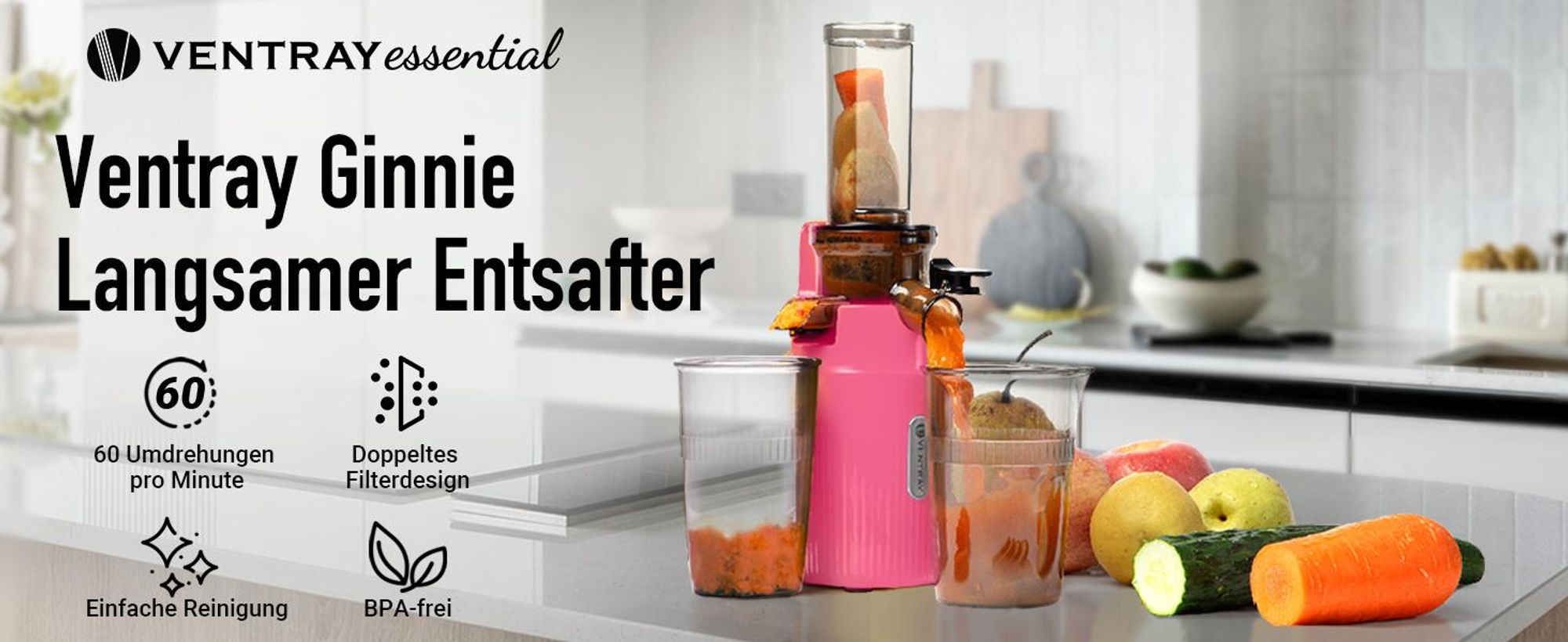 Ventray Essential Ginnie - Kaltpress Entsafter, Slow Juicer Kompakt & Leise (60 U/min, 45mm Einfüllöffnung), BPA-frei, 400ml, Einfache Reinigung