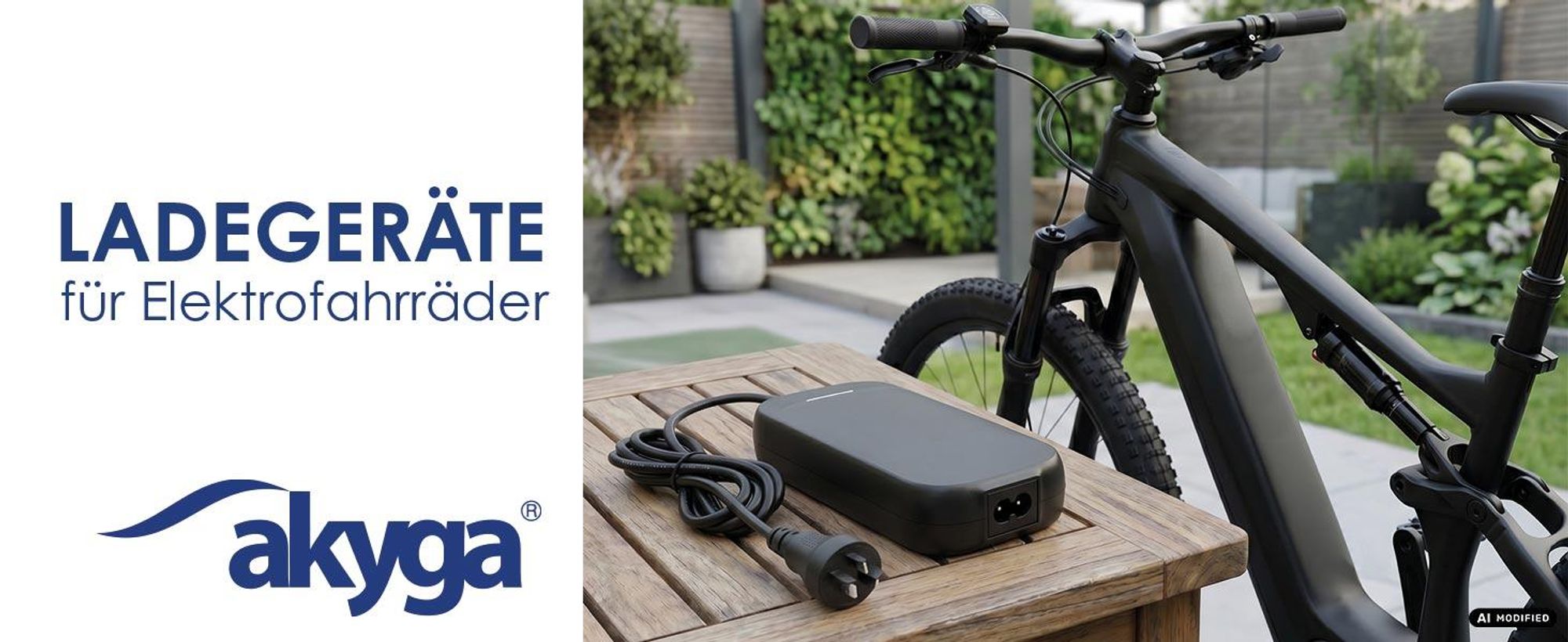 Akyga Ladegerät für E-Bikes neben einem Elektrofahrrad
