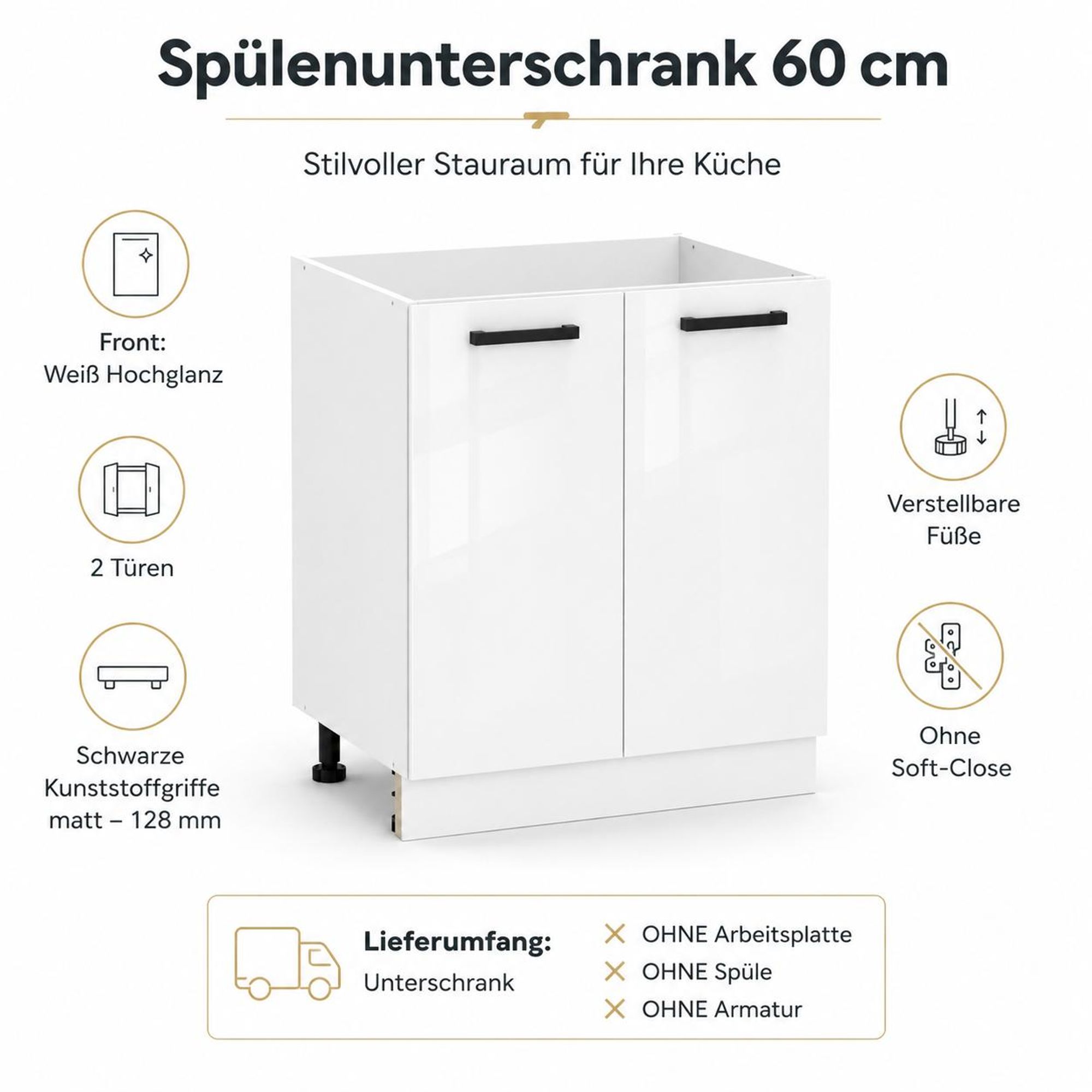 Spülenunterschrank 60 cm Weiß Hochglanz: Offener Stauraum für Siphon & Anschlüsse.