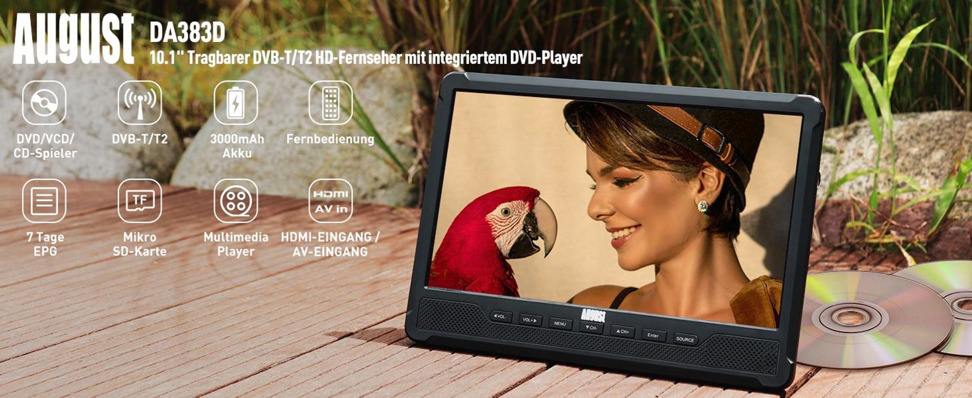 10“ tragbarer HD Fernseher mit DVD Player&integriertem Akku-DVB-T2 - August DA383D