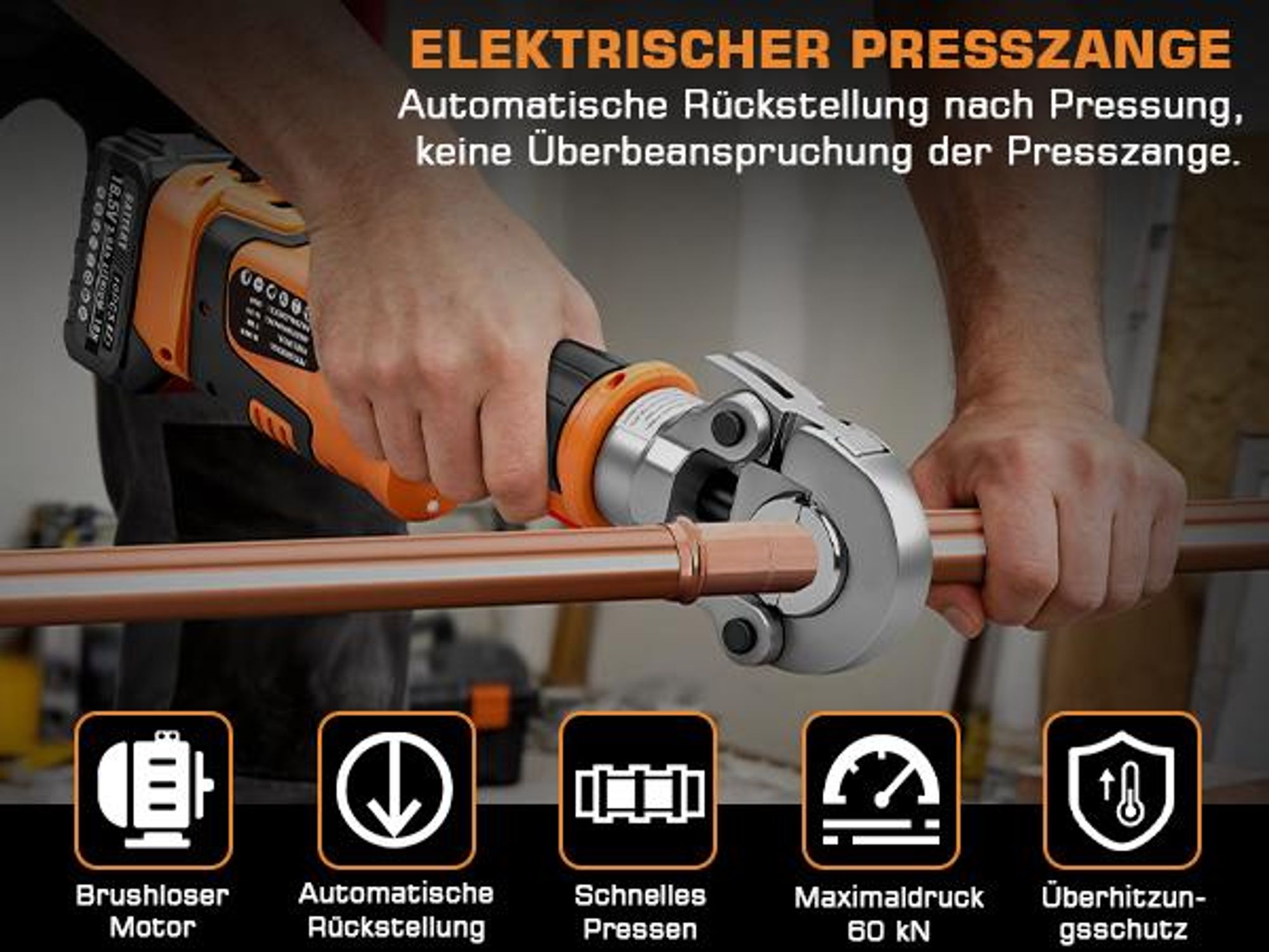 Elektro Presszange mit TH-Kontur (TH16, TH20, TH26, TH32) V-Kontur (V12, V15, V18, V22, V28) für Kupferrohre Edelstahlrohre Verbundrohr, Crimpzange