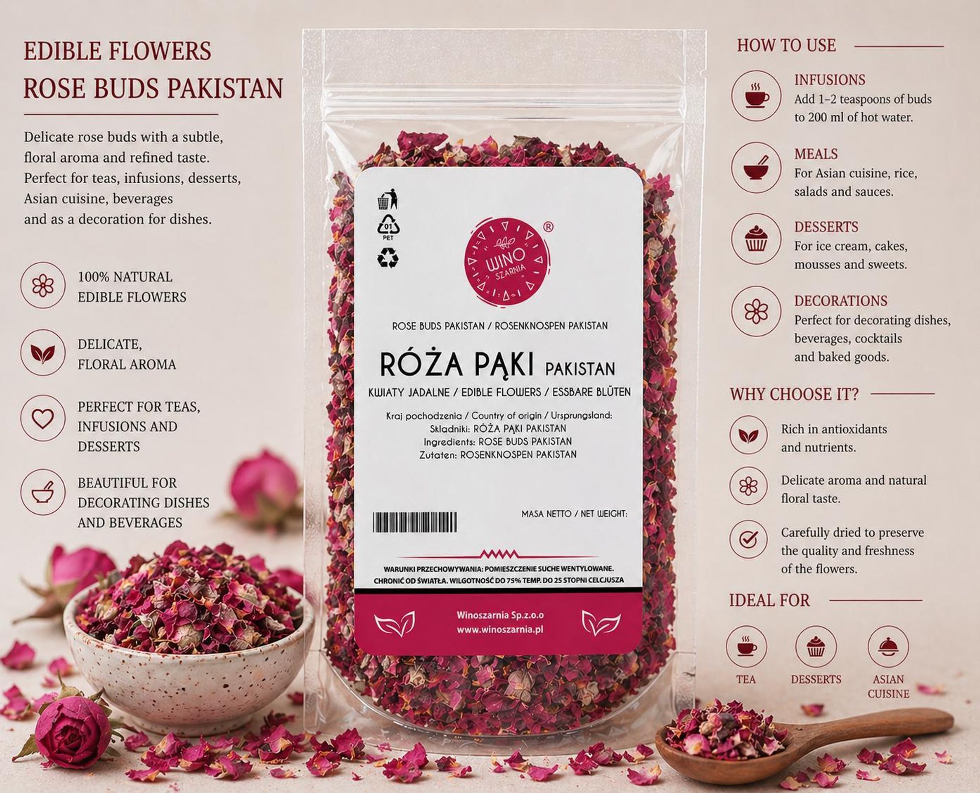 Sušené poupata růže z Pákistánu – jedlé květy – 500 g