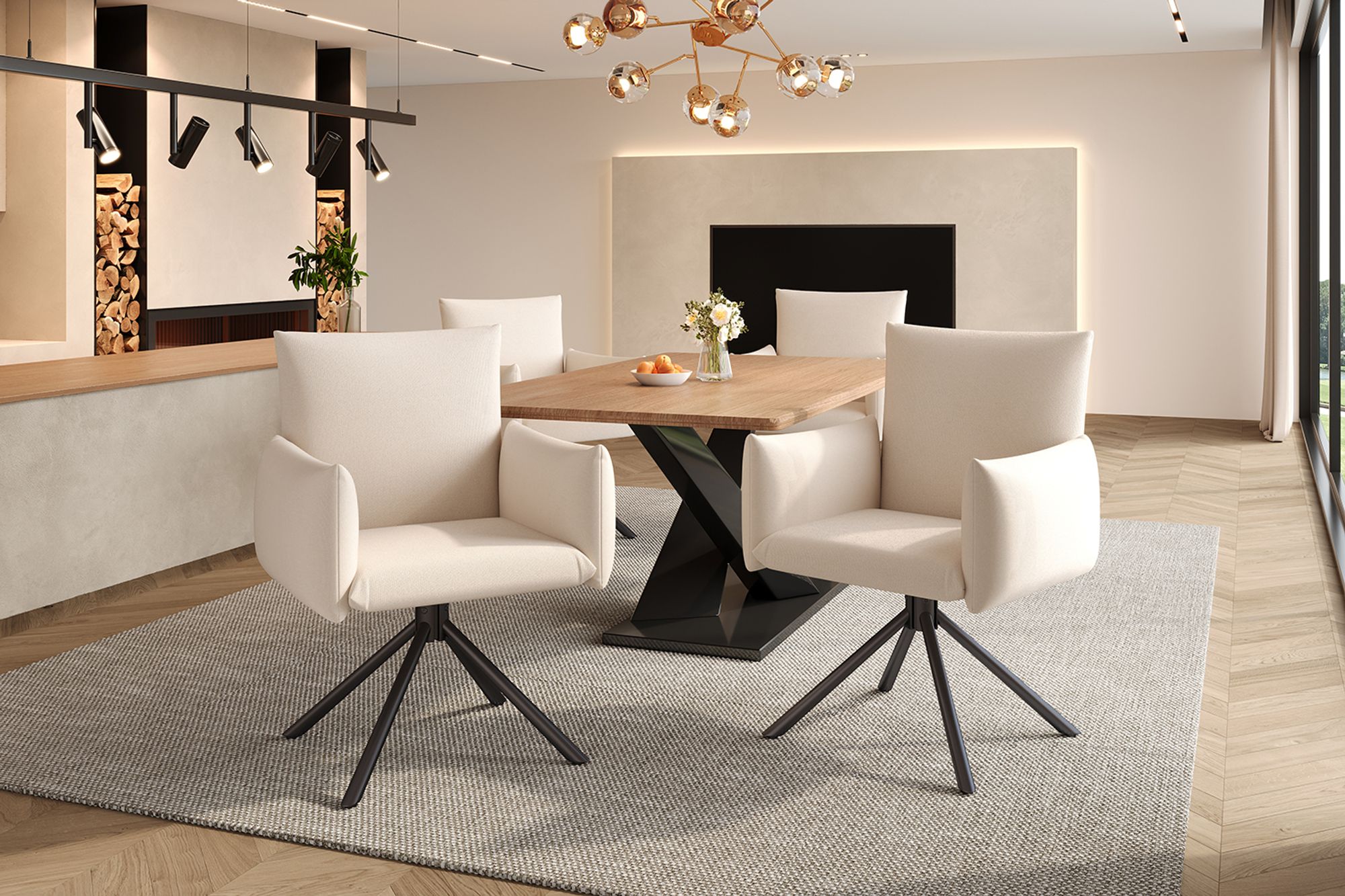 Flieks Esszimmerstühle (4 St.), 360° drehbarer Loungesessel, Polsterstuhl aus Leinen, Essstuhl mit 4 Metallbeinen, atmungsaktives Material, beige