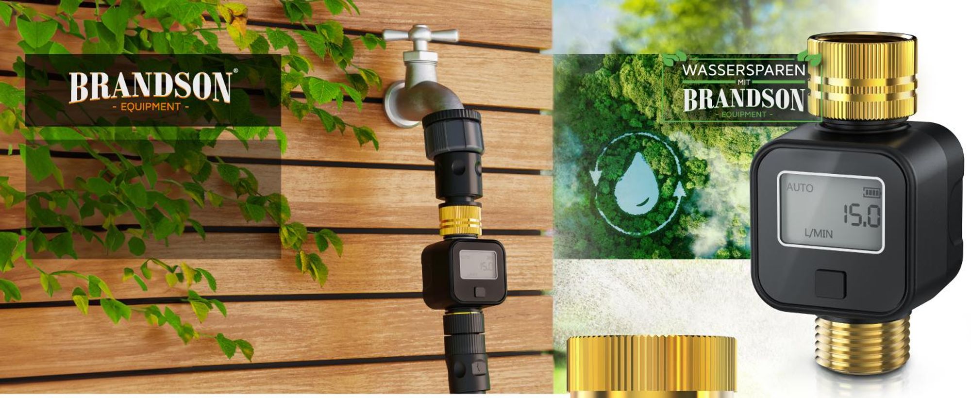 Brandson Wasserzähler, Wassermengenzähler, digital, Durchflussmesser, 3/4 Zoll, Wasseruhr Garten Durchflussmesser, Display, 4 Modi, Liter/Gallone, IPX5, Batterieanzeige