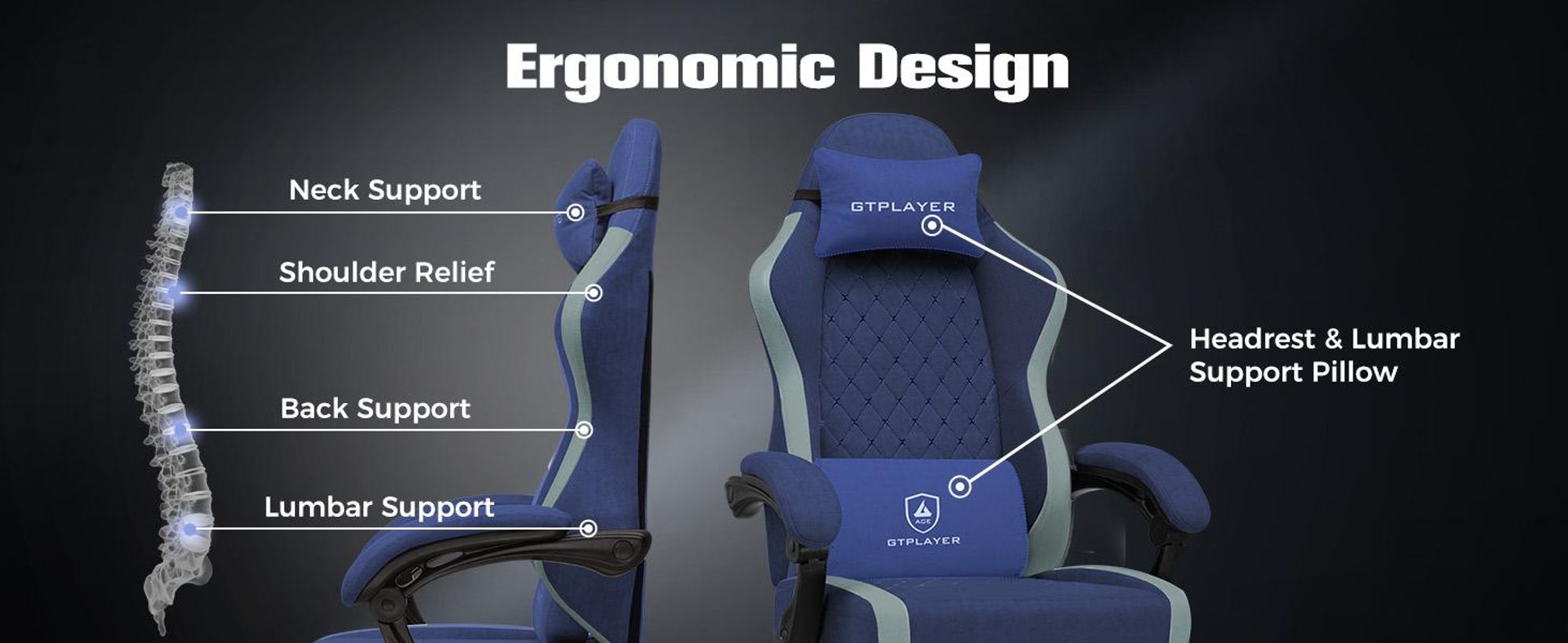 GTPLAYER Gaming Stuhl Ergonomischer Gaming Sessel Schreibtischstuhl PC Gamer Racing Stuhl mit Stoffoberfläche, Federsitzkissen, Verbindungsarmlehnen, mit Fußstütze bis 153 kg belastbar