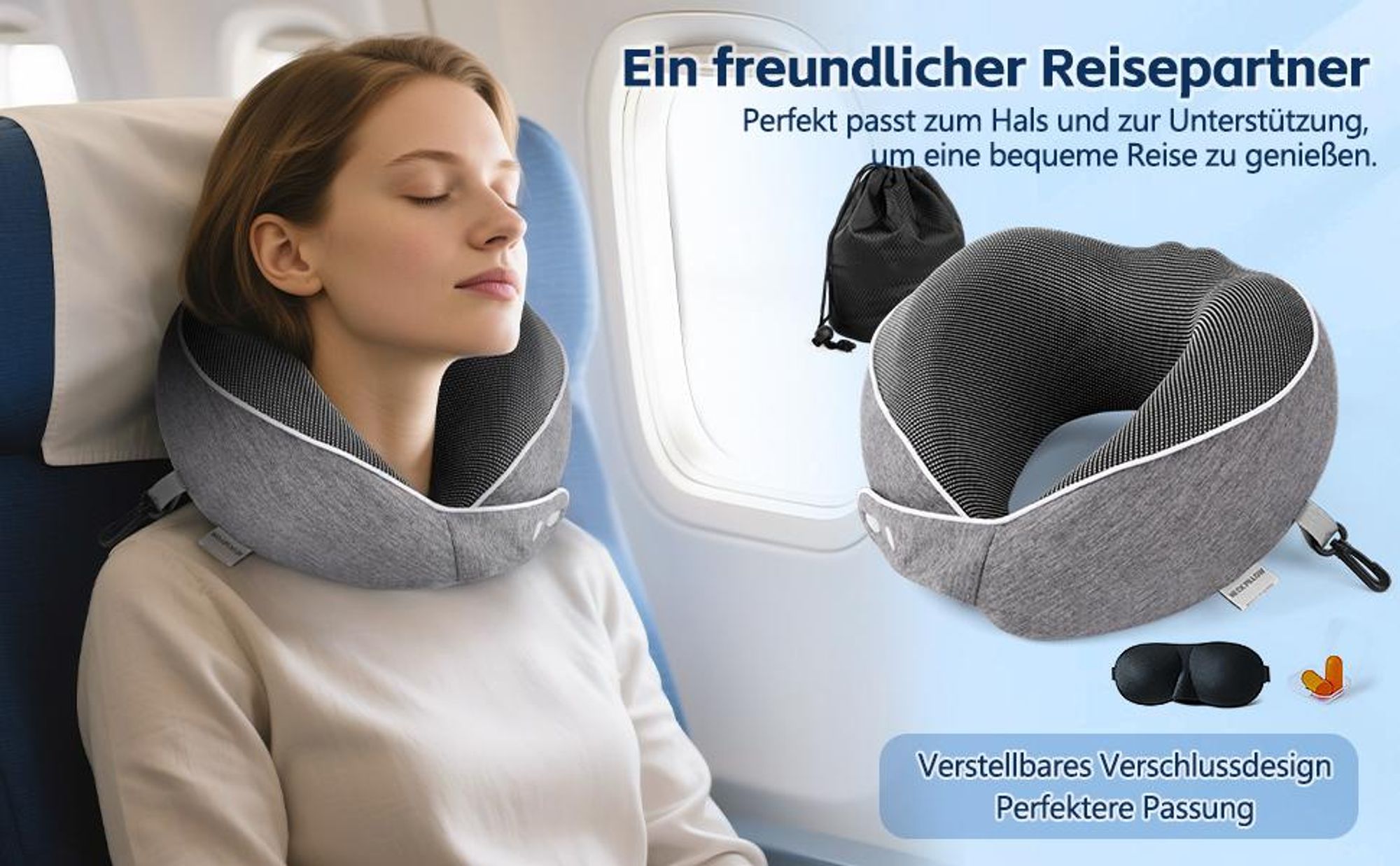 Reisekissen, Reise Nackenkissen, Memory Foam Nackenkissen, ergonomisches Schlafkissen, für Reisen, Auto & Flugzeug