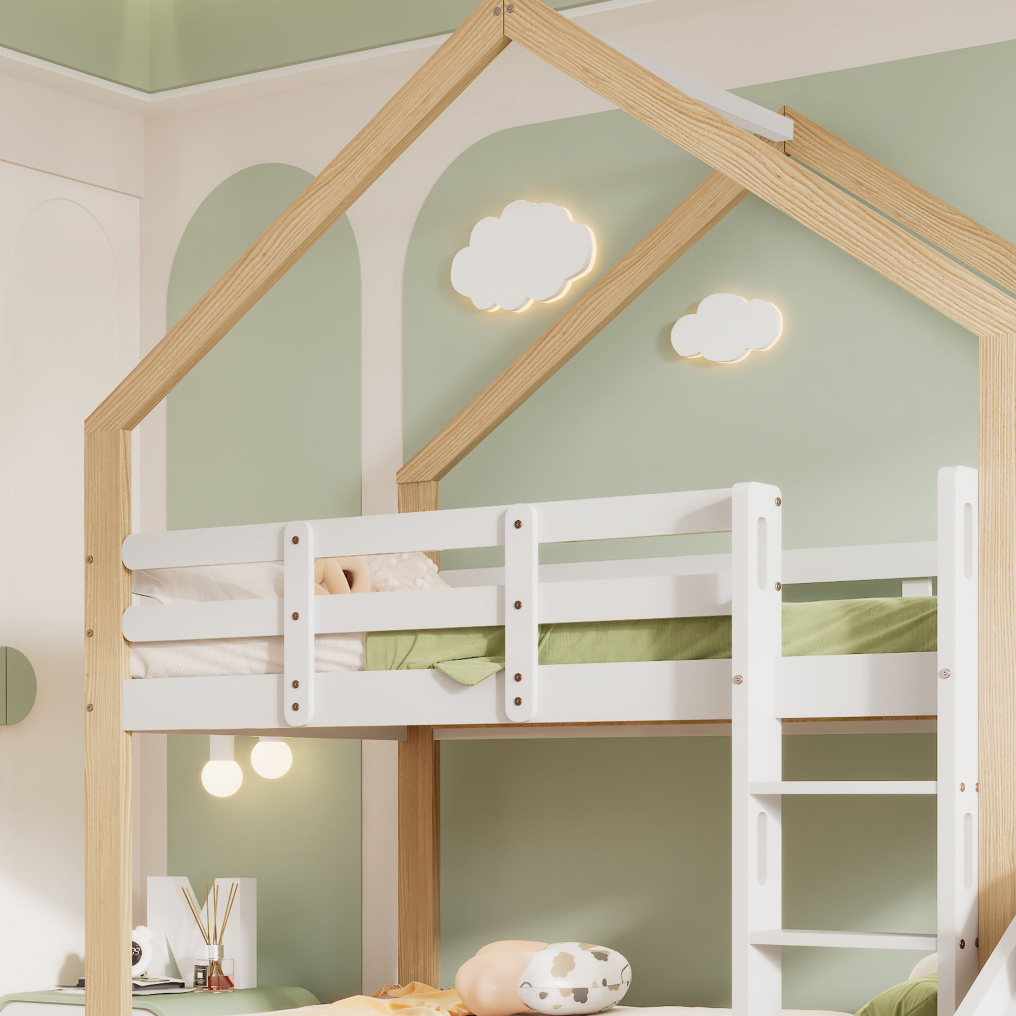 Flieks Etagenbett mit Rausfallschutz, Kinderbett mit Rutsche und Leiter, Hochbett mit Lattenrost, Hausbett Massivholzbett Stockbett 90x200cm, Weiß