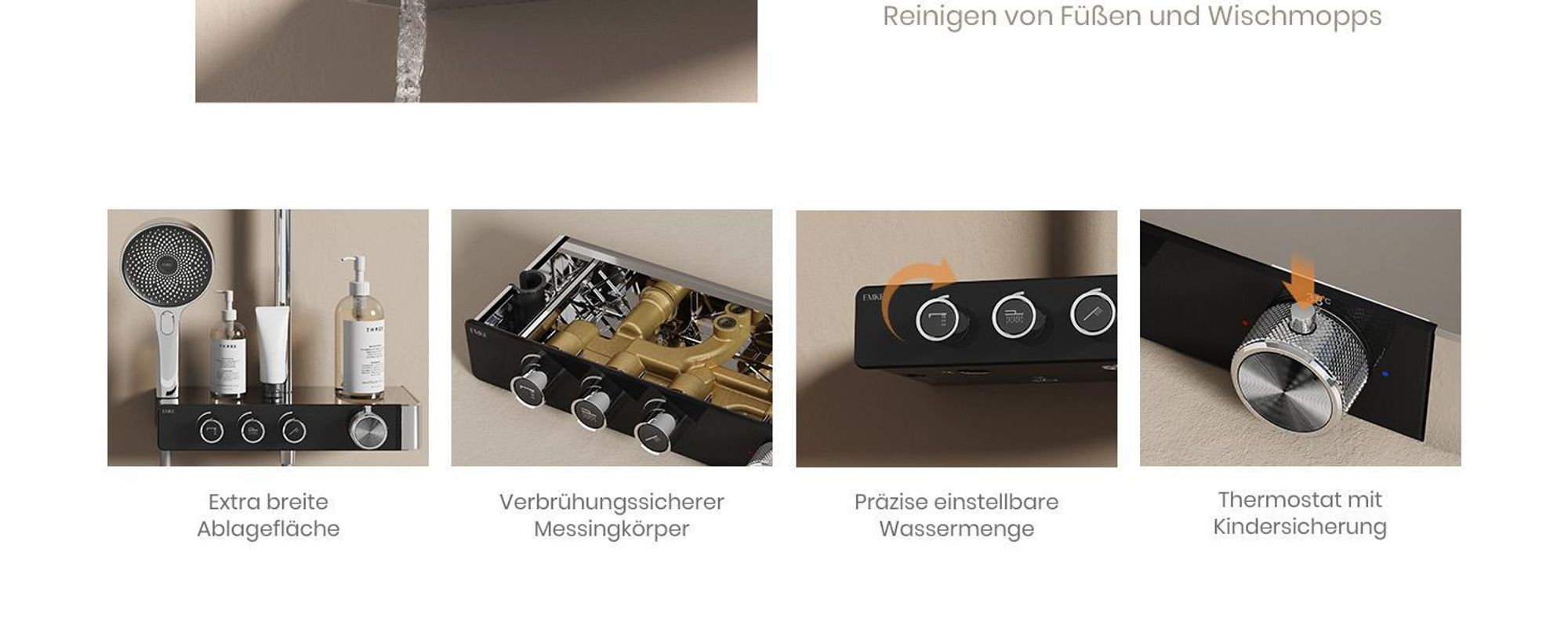 EMKE Duschsystem mit Thermostat Chrom Einstellbarer Wasserfluss 260mm Rund Regendusche, Vorlauf & Badewannenauslauf F28