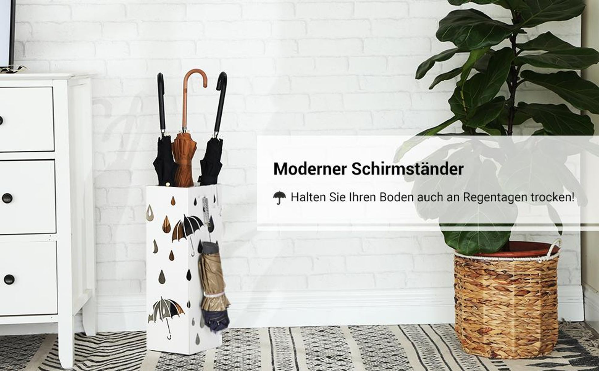 Regenschirmständer mit 2 Haken weiß Metall rechteckig Ø15,5 × 49 cm Regenschirm werden verschenkt Wasserauffangschale SONGMICS LUC49W