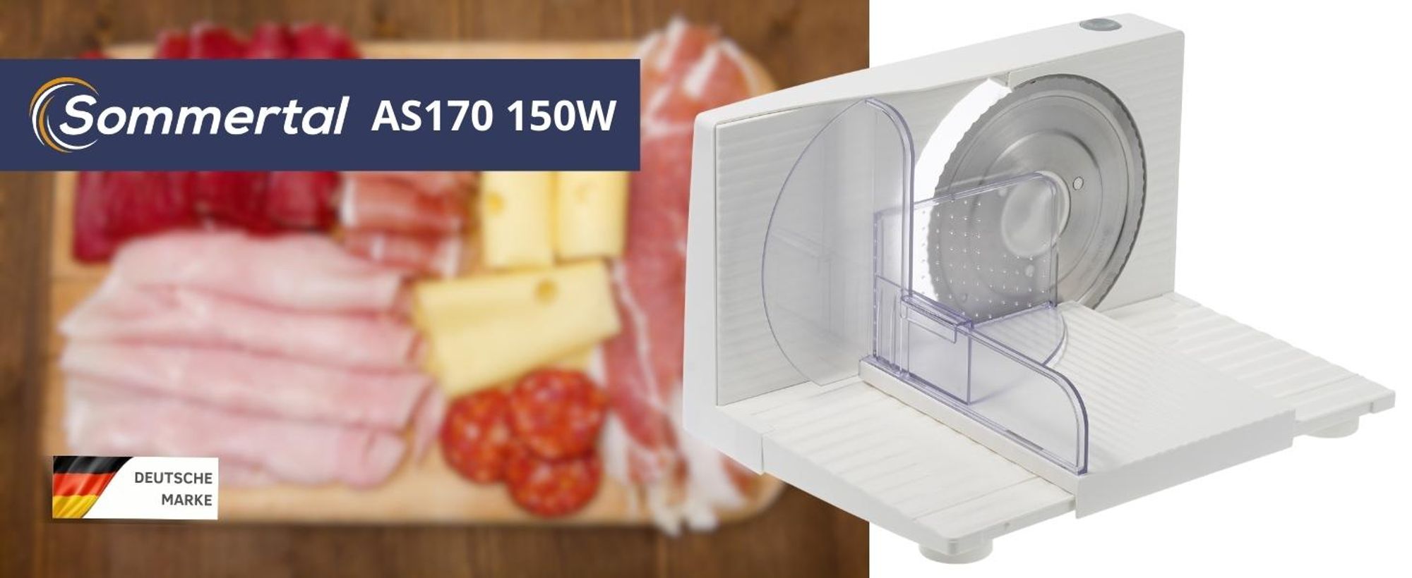 Sommertal Allesschneider AS170 150W Edelstahlmesser mit Wellenschliff,klappbar platzsparend, elektrische Schneidemaschine Brotschneidemaschine, Profi Aufschnittmaschine Weiß 0-15mm