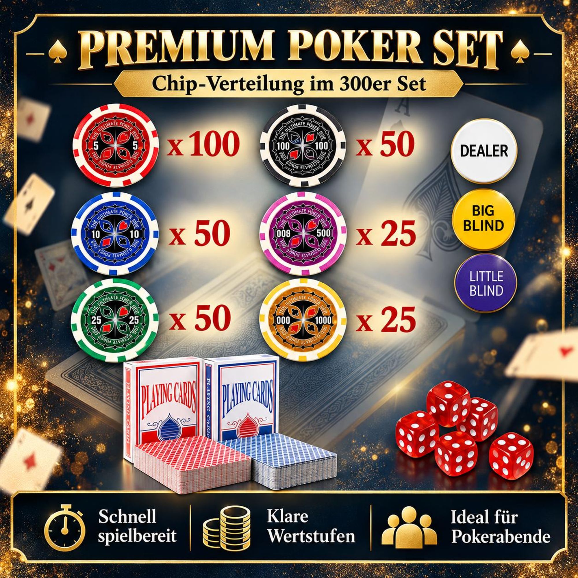 Poker Set Premium 300 Chips mit Metallkern (11,5g) – 6 Wertstufen, Aluminium Koffer, 2 Kartendecks, Blind Chips & Zubehör