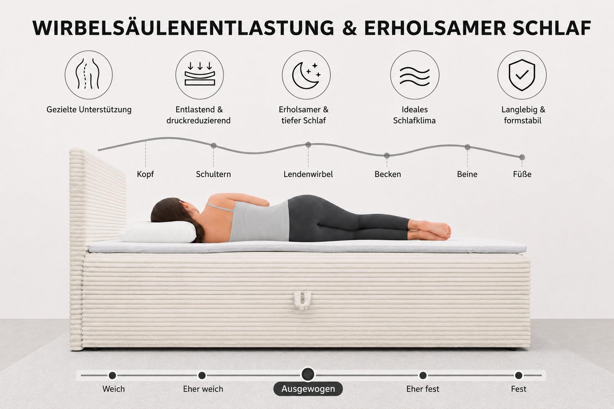 VENASI Boxspringbett 140x200 mit Bettkasten, Tilly Doppelbett Schwarz Cordstoff
