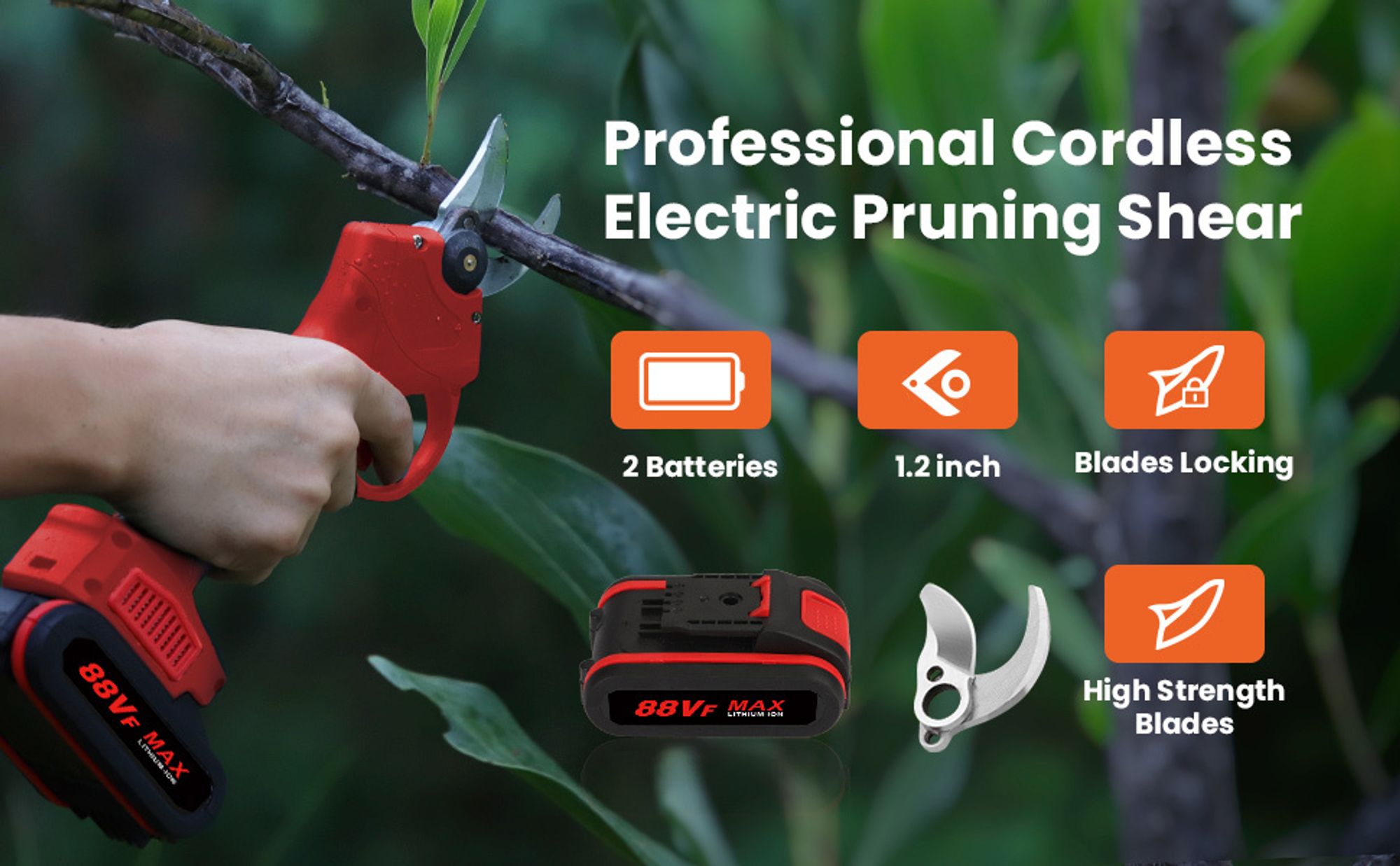 Professionelle Akku-Gartenschere, 21 V, kabellose elektrische Gartenschere, 0–25 mm Akku-Gartenschere mit 2 Akkus, Baumscheren – Rot