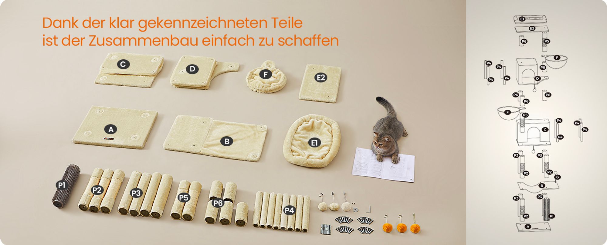 Feandrea Kratzbaum groß, XL, mehrstöckiger Katzenbaum mit Höhlen und Liegemulden