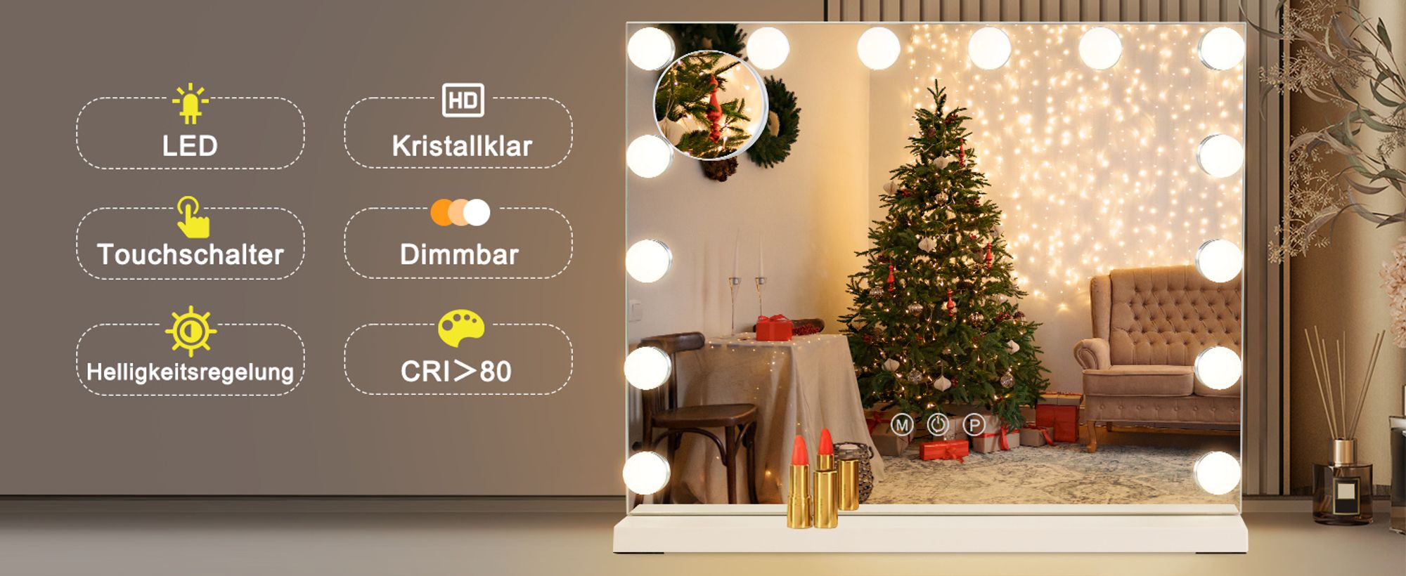 ZMH Schminkspiegel Kosmetikspiegel Dimmbare  50x40cm Spiegel LED  Beleuchtung mit licht 3 modi Touch Steuerung Tischspiegel für Schminktisch Weiß