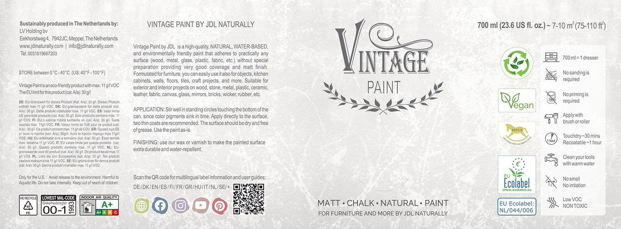 Mat Natural Vintage Paint Kreidefarbe – Möbelfarbe Matt | Wasserbasiert VOC-arm EN 71-3 EU Ecolabel | 65+ Farben | Shabby Chic & Vintage Look - 700 ml - Moss Grün