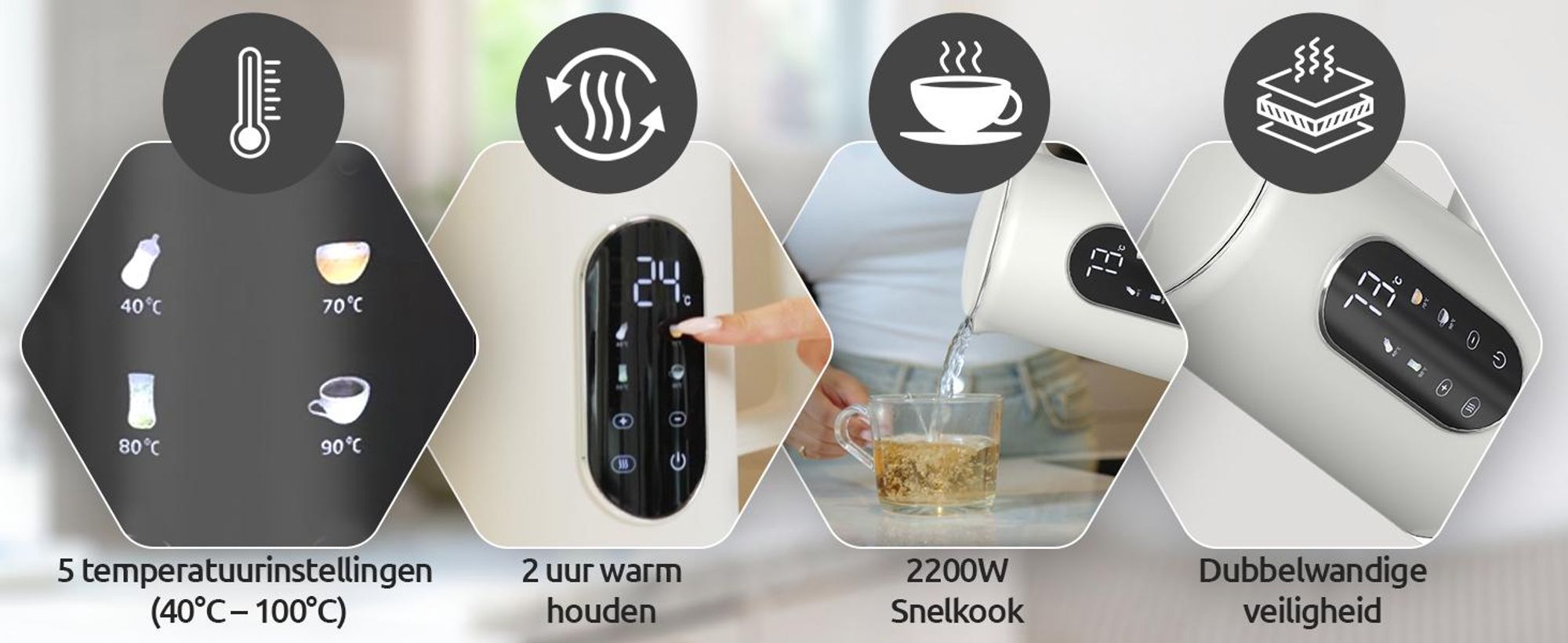 Olvy waterkoker, crème kleur, 1,7 liter – LCD-display, 2200W, BPA-vrij, warmhoudfunctie, kalkfilter, temperatuurinstelling 40–100°, roestvrij staal