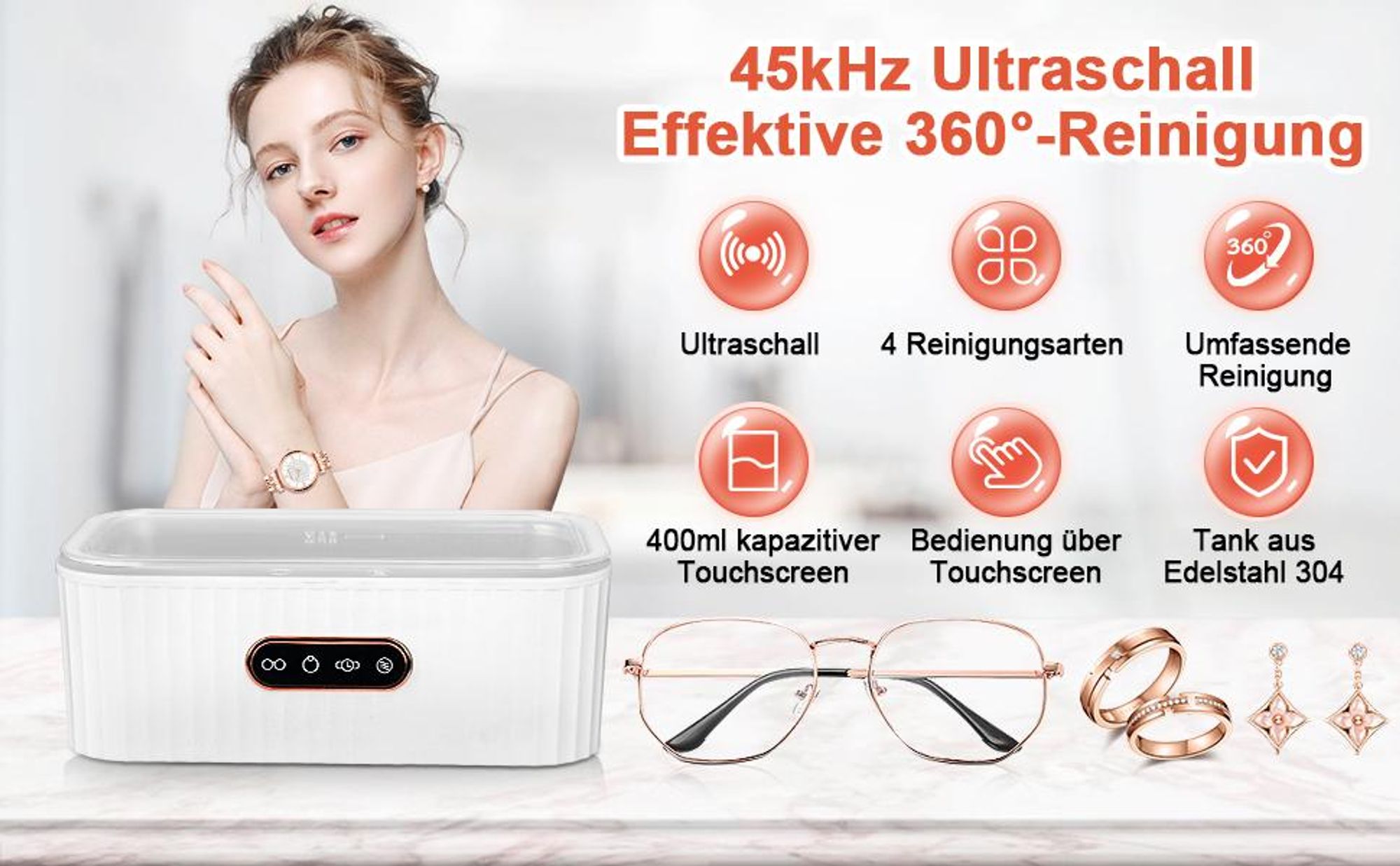 400ML Ultraschallreiniger, Ultraschallreinigungsgerät Ultraschallreiniger 45000Hz, Hochfrequenz Ultraschallreinigungsgerät Automatisch Ultrasonic