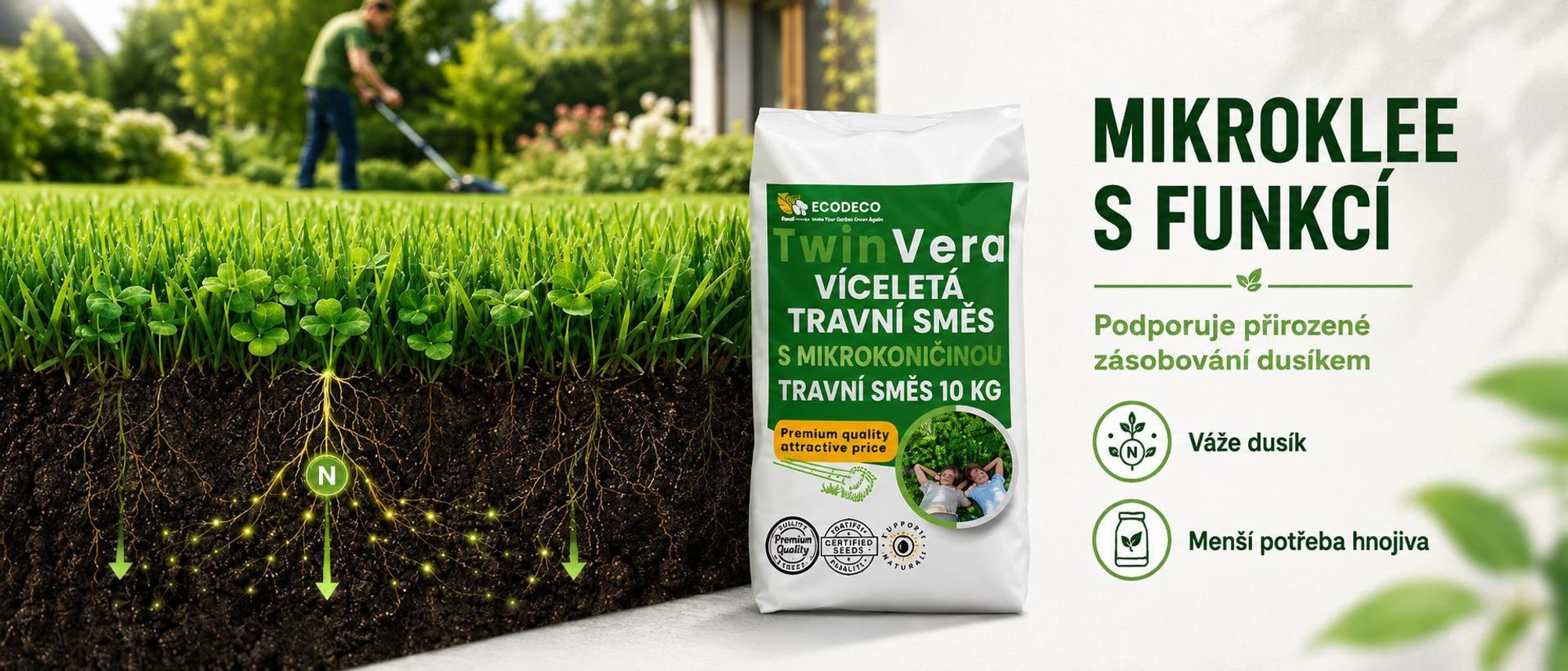EcoDeco univerzální travní semeno s mikrojetelem, odolné proti sešlapu, 10 kg pro 400 m²