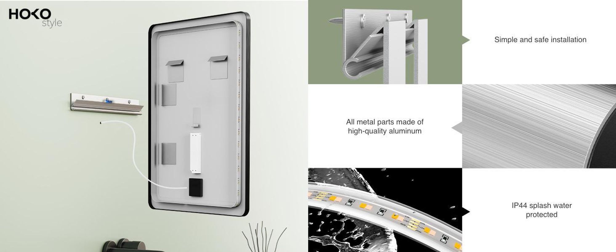 HOKO Miroir de salle de bain 50x70/70x50 cm avec cadre métallique noir+interrupteur tactile+lumière alternant blanc chaud/blanc froid/neutre 2700-6500K. Alabama