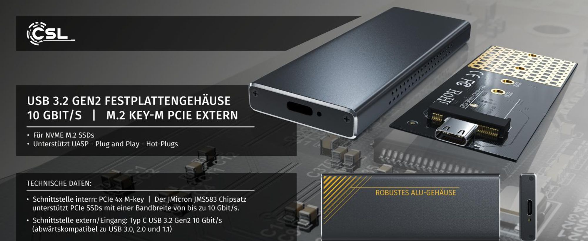 CSL M.2 NVMe Festplattengehäuse USB 3.2 Gen2, 10 Gbit/s, M.2 Key-M PCIe und Alu-Gehäuse