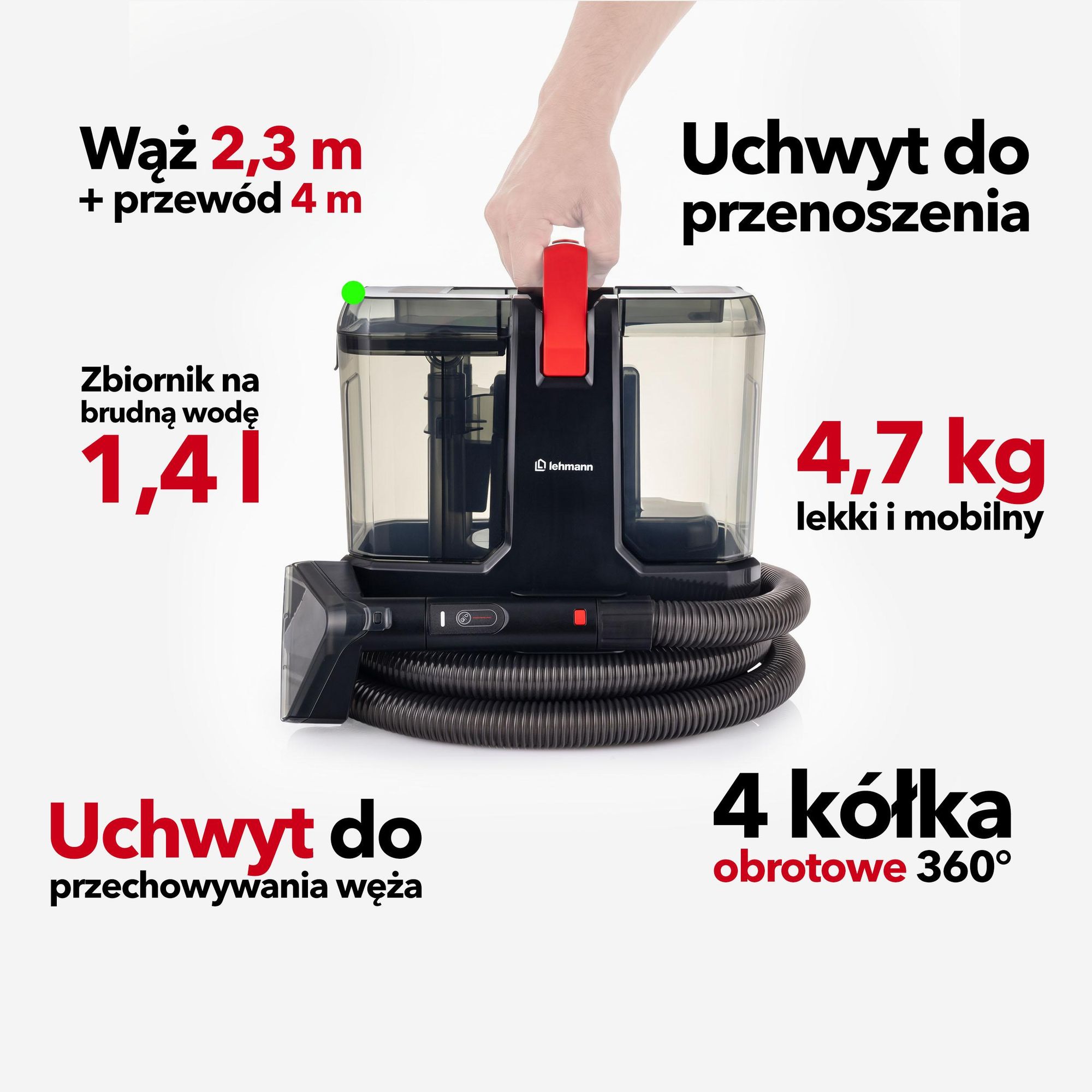 Odkurzacz piorący SPOTTER LEHMANN STEAMWASH LHOSW-1819 Pranie zimną oraz ciepłą wodą, pranie parą, czyszczenie parą
