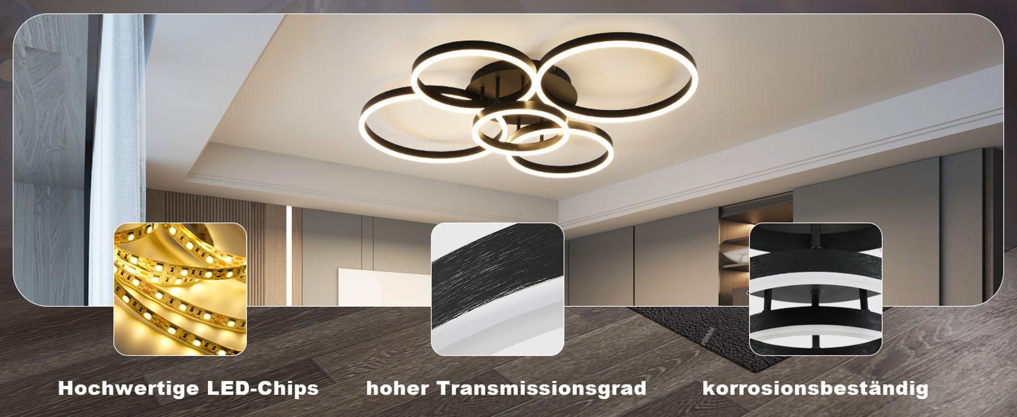 ZMH Lampa Sufitowa LED 78W Ściemnialna z Pilotem 5 Pierścieni Oświetlenie Wewnętrzne Czarne do Salonu Sypialni Kuchni Biura Gabinetu