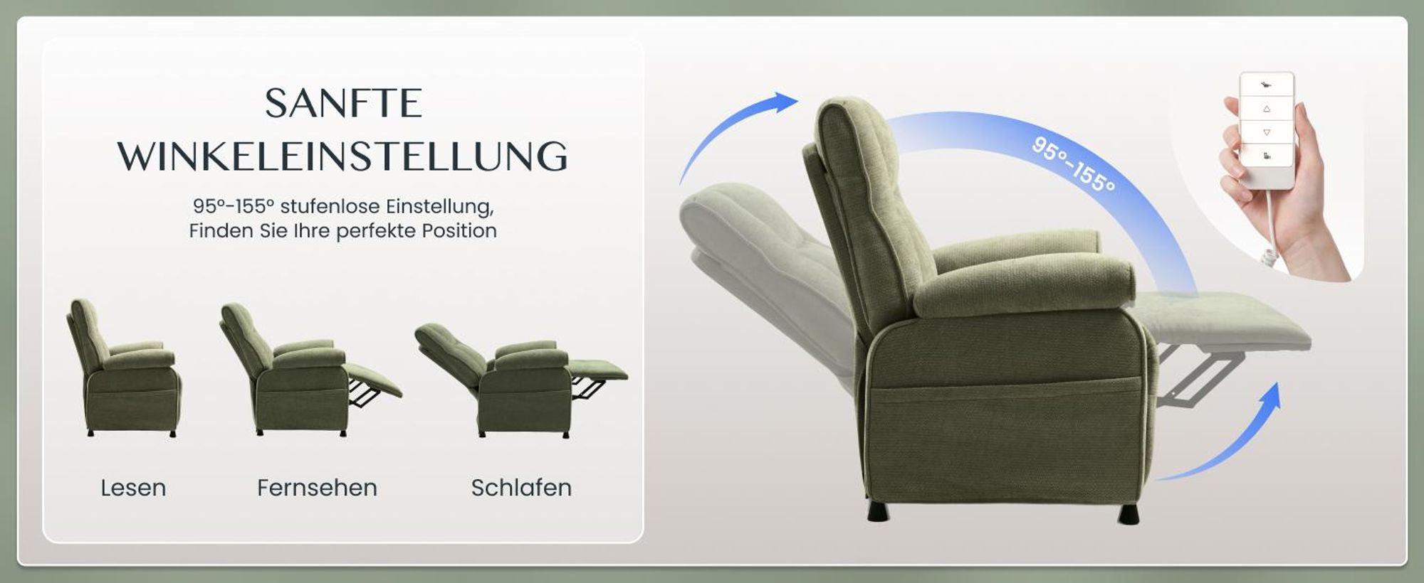 FLEXISPOT Elektrischer Relaxsessel mit Liegefunktion 105°–155° & Decke, Fernsehsessel mit Ein-Tasten-Verstellung, dick gepolstert, bis 150 kg, Grün