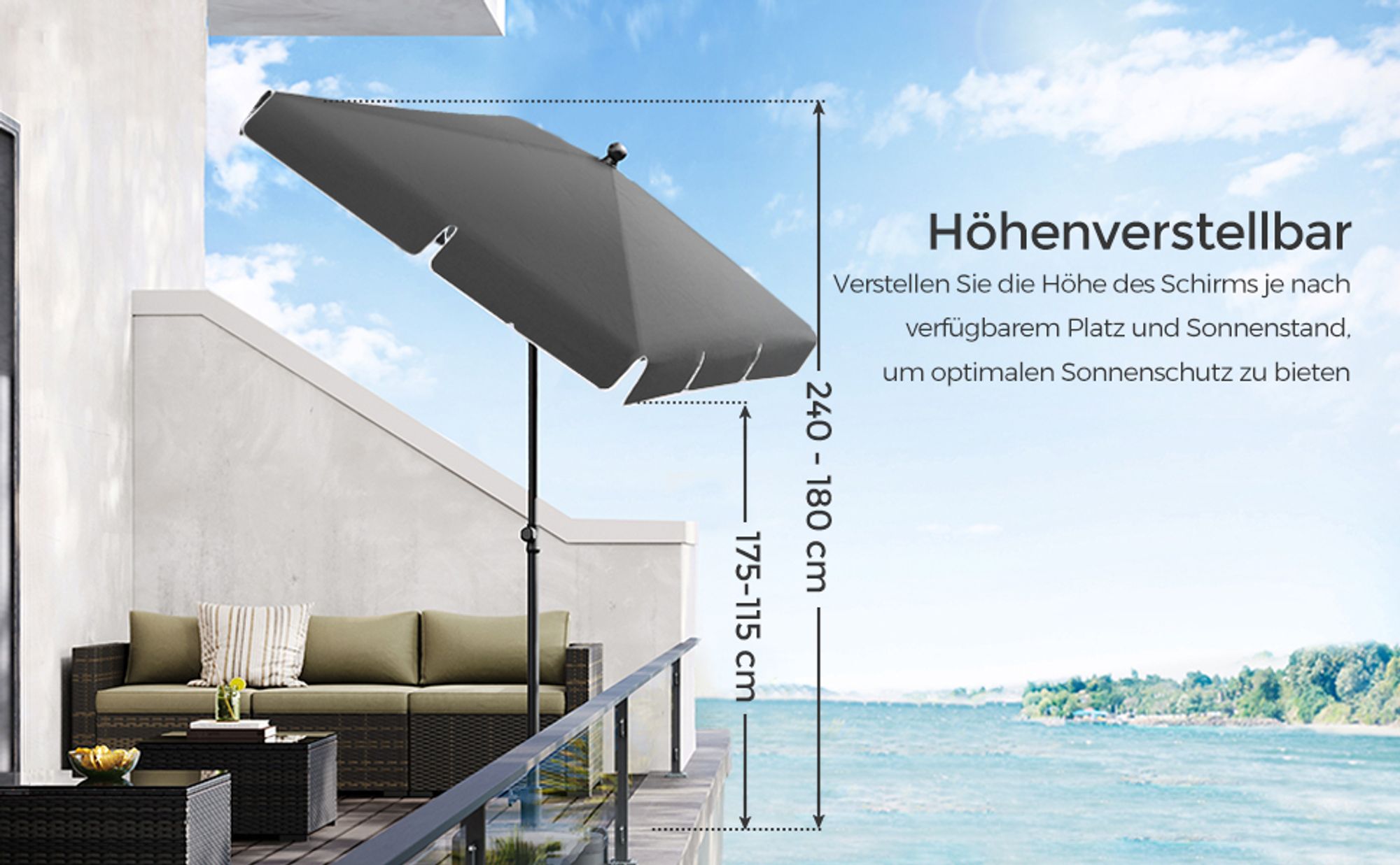 SONGMICS Sonnenschirm 200 x 125 cm UPF 50+ Sonnenschutz