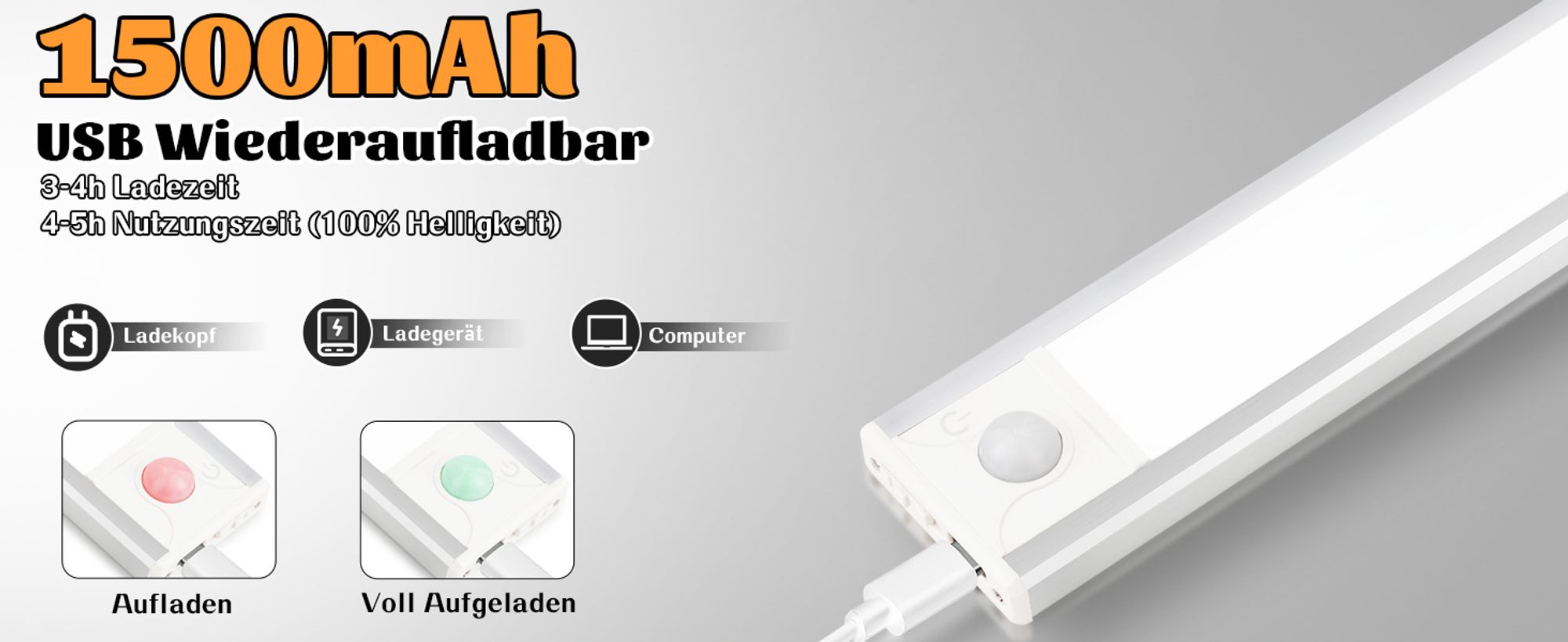 ZMH Unterbauleuchte Küche Led Dimmbar 30CM 2 Stück Schrankbeleuchtung mit Bewegungsmelder 3 Farbtemperatur Schranklicht USB Wiederaufladbar Küchenlich