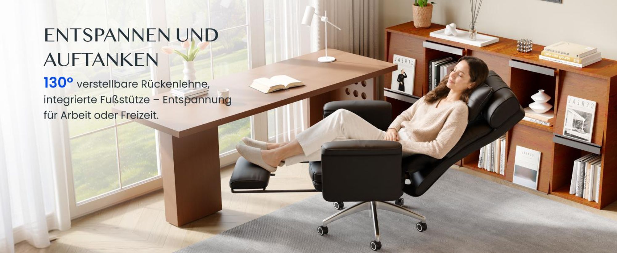 FLEXISPOT Ergonomischer Bürostuhl, 180° klappbare Armlehnen, aus kratzfestem Kunstleder, höhenverstellbare Kopfstütze, 90–130° verstellbar, Schwarz