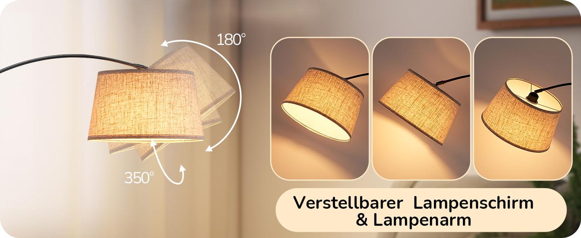 EDISHINE Stehlampe Dimmbar Wohnzimmer, Bogenlampe 143-176 cm verstellbar, mit drehbarem Lampenkopf, magnetische Fernbedienung