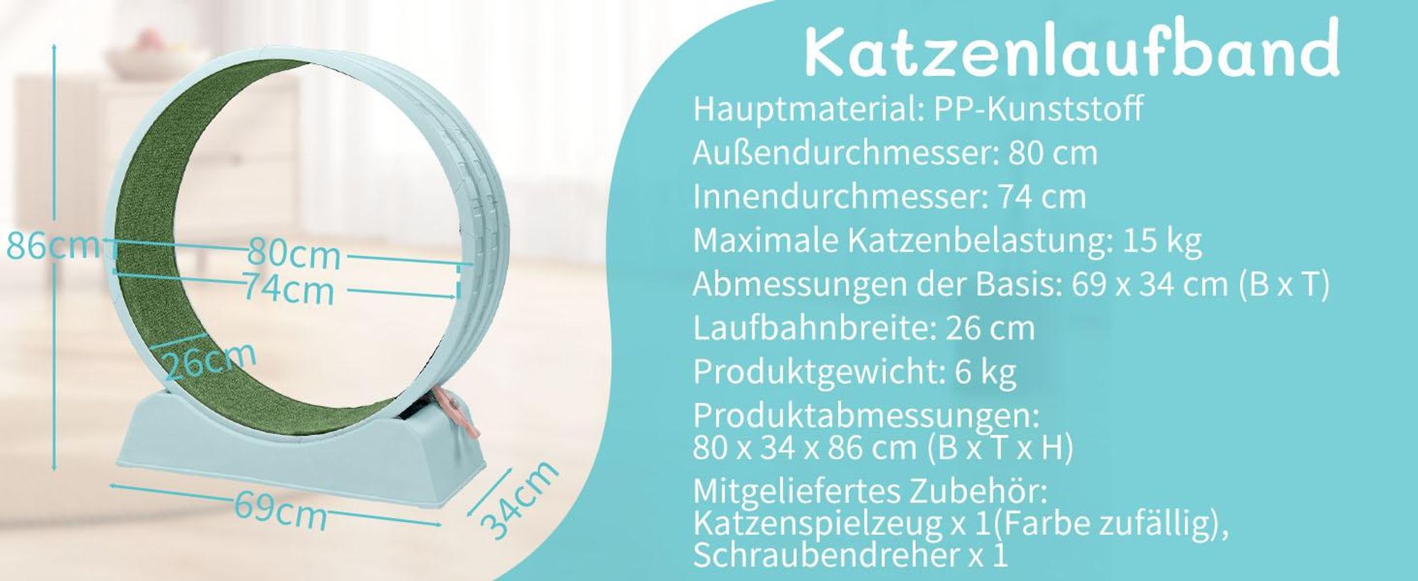 FCH Katzenlaufrad, Laufband für Katzen, Innendurchmesser 80cm, PP-Kunststoff, leise Laufband und Sicherheitsschloss-Design, Blau