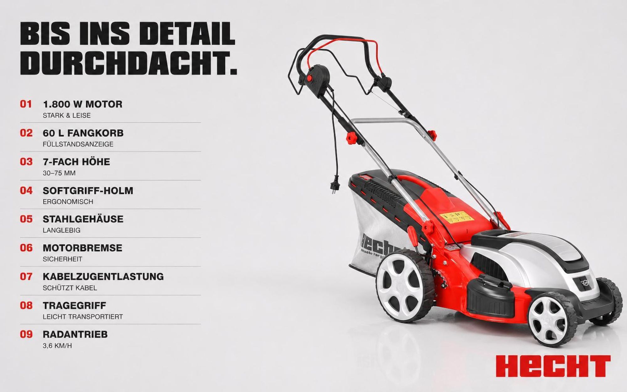 HECHT Rasenmäher Elektro mit Antrieb 1803 S | 5in1 | 46 cm Schnittbreite | 1800 W | 60 L Fangkorb | Mulchkit | Stahlgehäuse