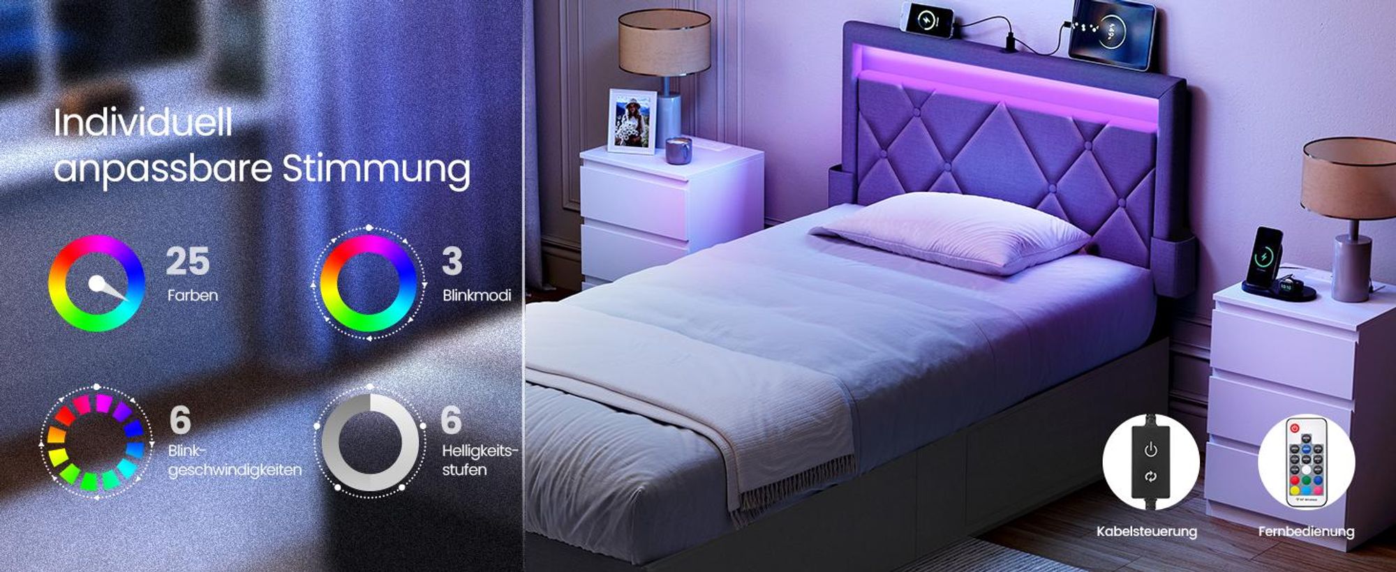 VASAGLE Doppelbettgestell, Bettgestell, 90 x 200 cm, LED, Metallbett, 4 Schubladen, Ladestation, verstellbares gepolstertes Kopfteil, Schiefergrau