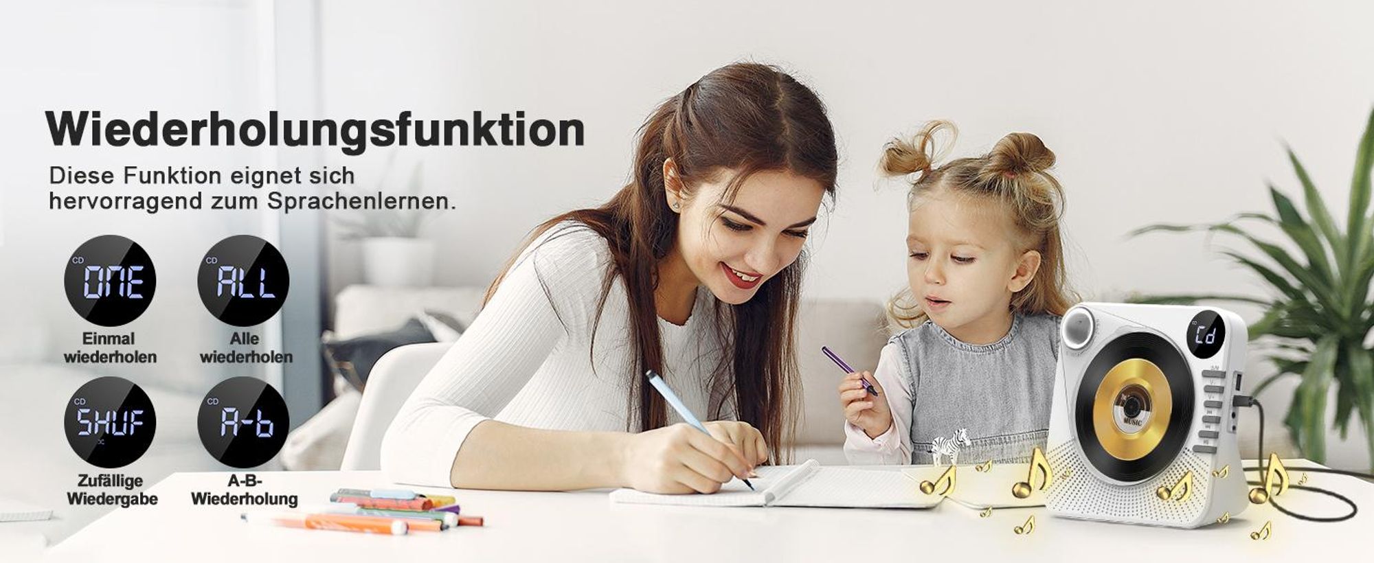 CD Player, Bluetooth CD-Player, Tragbar CD Player, Bluetooth Lautsprecher, mit Fernbedienung, HiFi-Sound, FM-Radio, AUX/USB-Wiedergabe